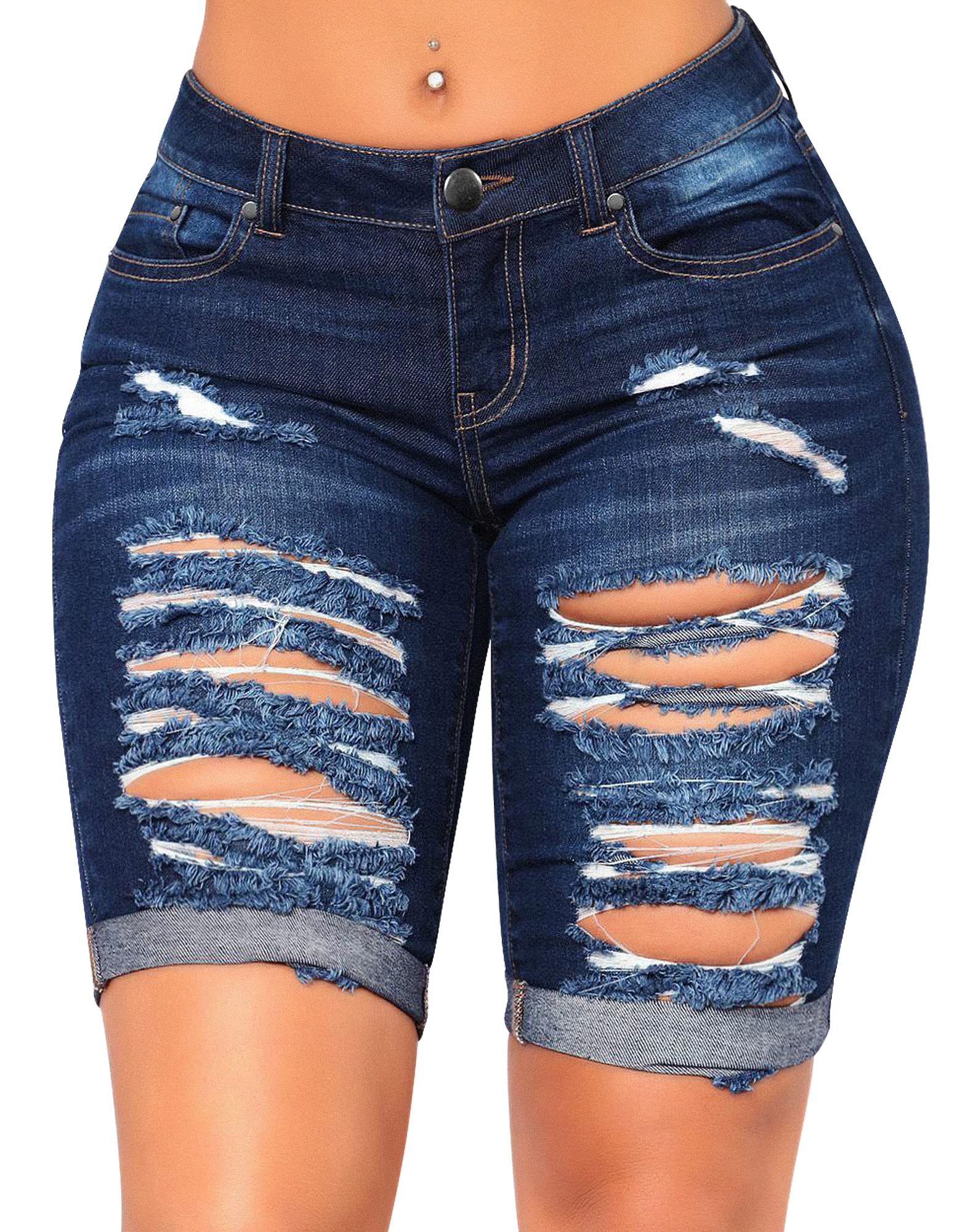 Roswear Women's Distressed Ripped Stretchy Denim Shorts - Knee Length High Waist Vintage Jeans for Summer Casual Outfits & Beach Vacations