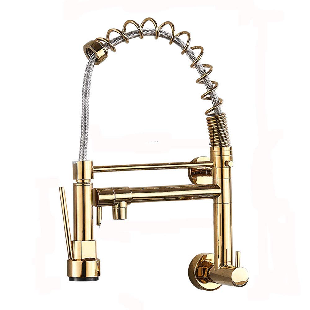 Brass Wall Mounted Single Handle Pull Down Kitchen Sink Faucet - 2 Function Cold Water Mixer Tap in Gold for Modern and Compact Kitchens