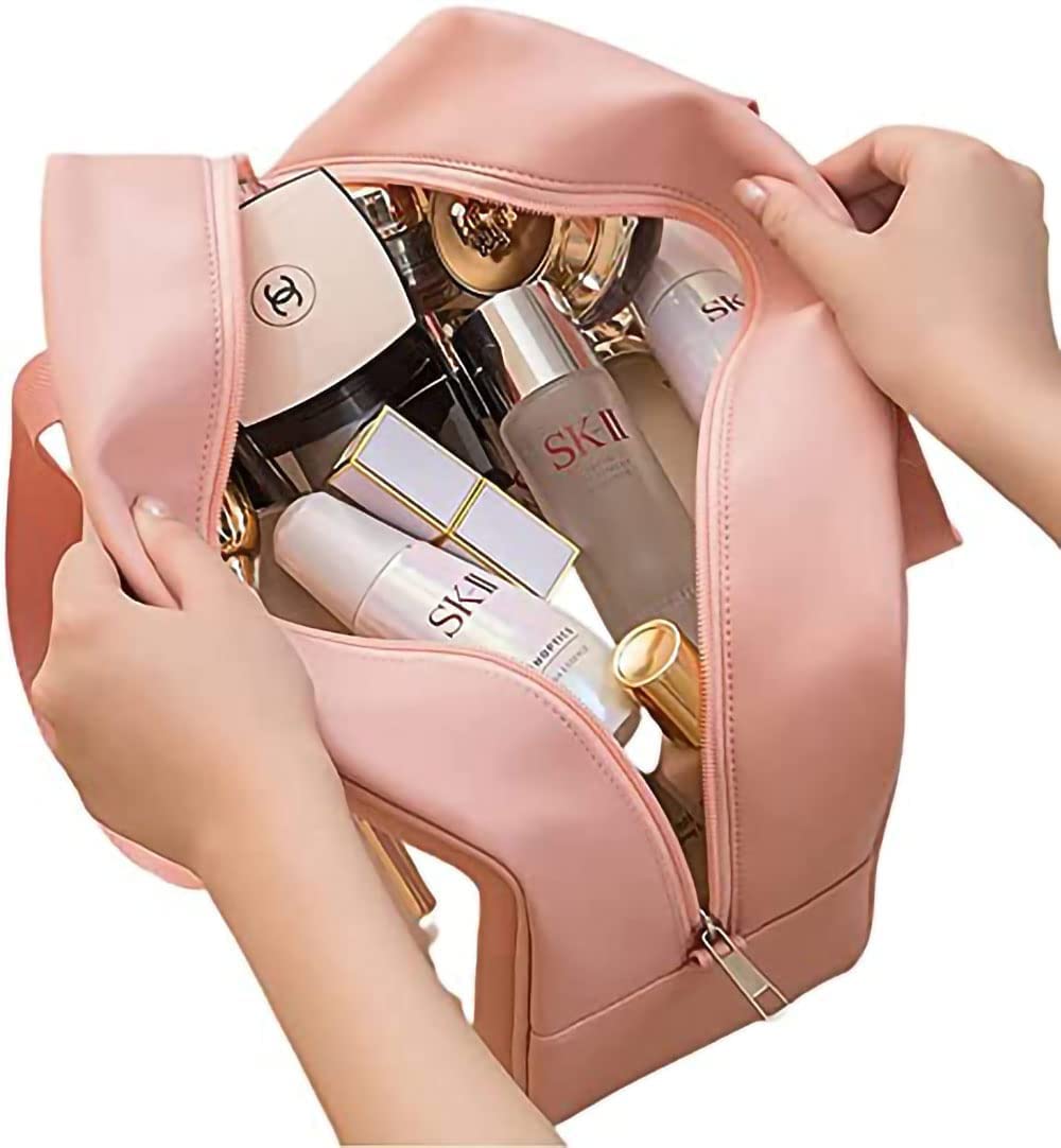 BESTOTTAM Waterproof Makeup Bag for Women - Portable Cosmetic Organizer with Brush Holder, Travel Toiletry Pouch, Vanity Storage Case (Pink) | Ideal for Travel, Gym, Daily Makeup Kit Organization & Beauty Essentials Storage