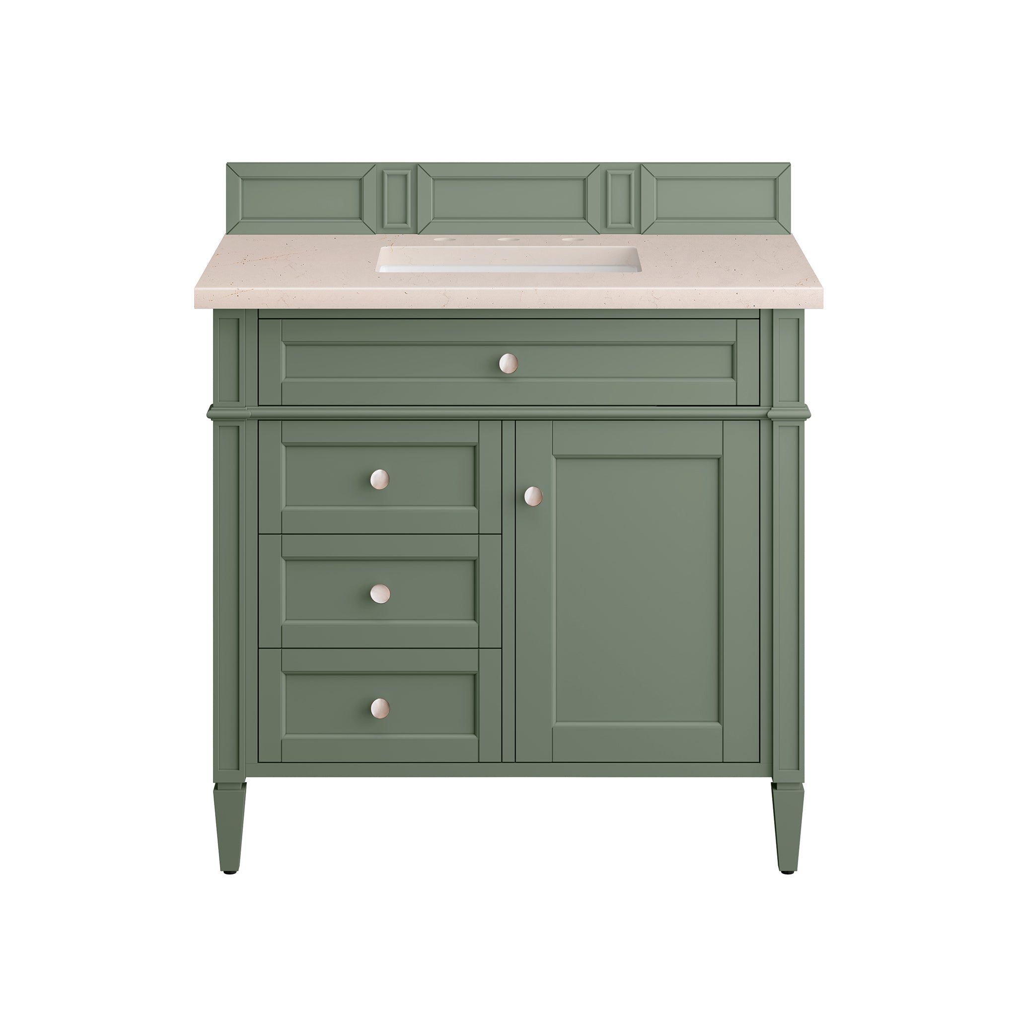 Brittany 36 Inch Single Bathroom Vanity with Smokey Celadon Finish & 3CM Eternal Marfil Stone Top - Perfect for Modern Master Bathrooms and Powder Rooms