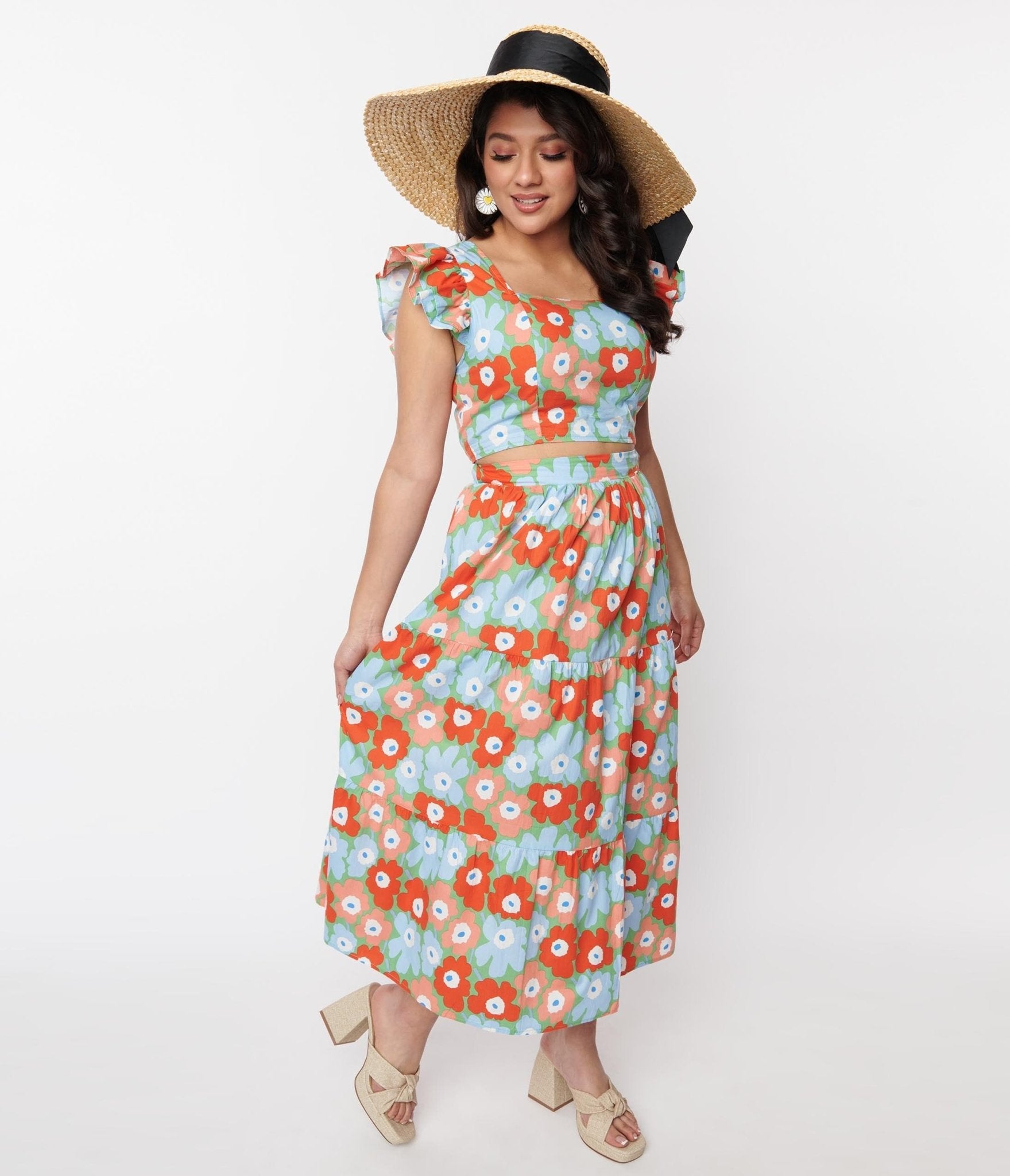 Light Blue & Red Floral Tiered Midi Skirt - Women's Summer Boho Skirt with Elastic Waist | Perfect for Beach Vacations, Music Festivals & Casual Outings