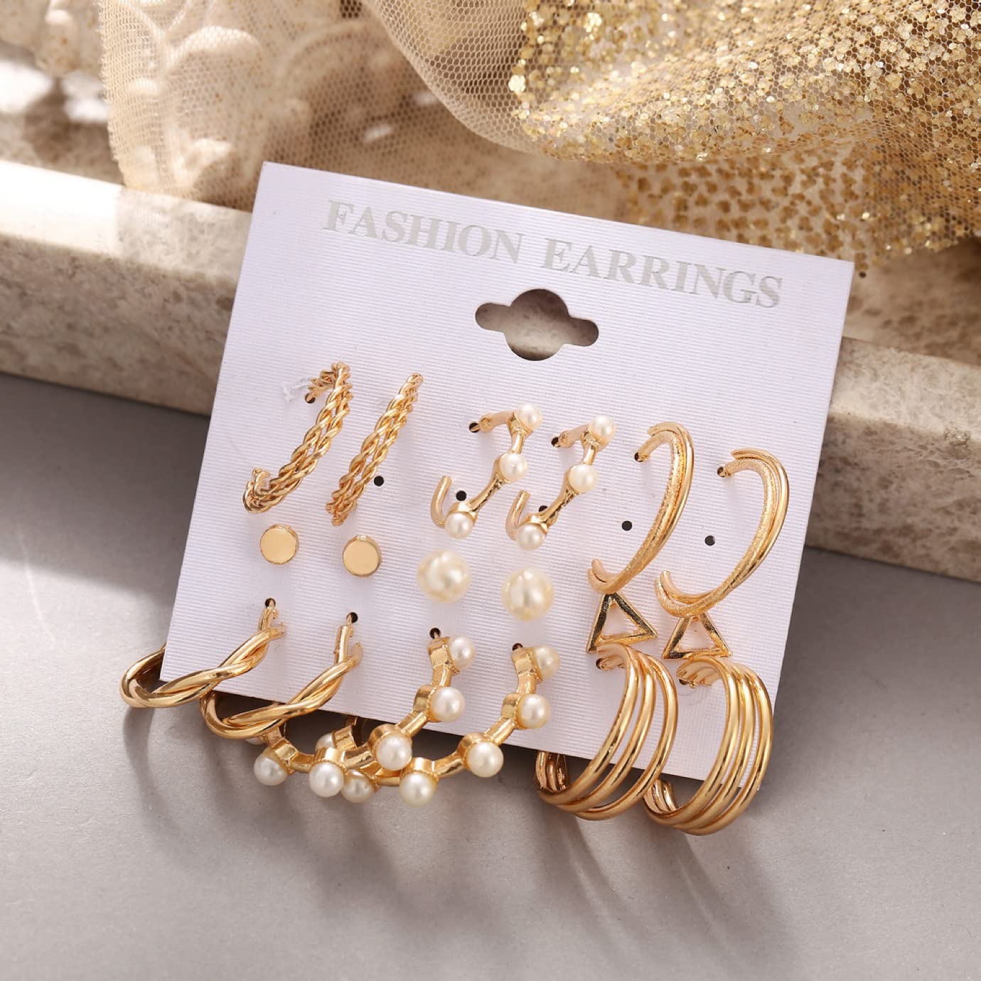 Golden Plated Triangle Pearl Stud & Twisted Hoop Earrings Set - 9 Pairs for Women & Girls | Elegant Jewelry for Parties, Weddings & Daily Wear