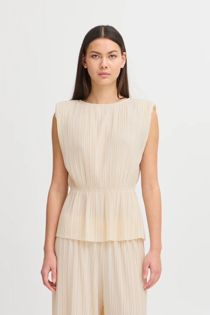 Ana Plisse Sleeveless Top for Women - Soft Almond Milk Color Summer Blouse - Perfect for Casual Outings, Beach Vacations & Date Nights