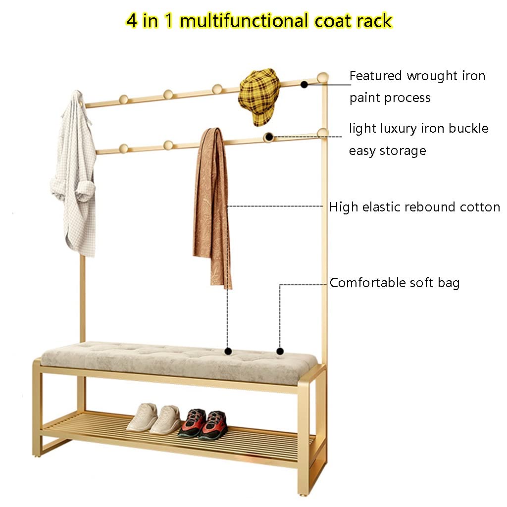 3-in-1 Hall Tree Coat Rack with Shoe Bench & Storage Shelf - Heavy Duty MDF Entryway Organizer with Metal Hooks - Gold Grey Entryway Furniture (80x47x160cm) for Hallway, Bedroom, Dorm & Small Space Organization