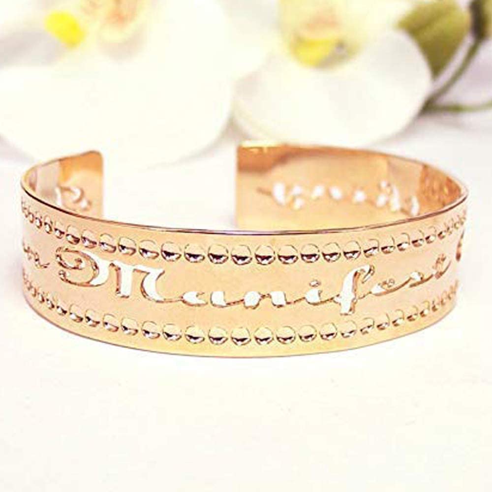 Rose Gold Affirmation Cuff Bracelet - 'I Can Manifest Anything' Inspirational Jewelry for Success & Spiritual Growth | Dainty Rose Gold Bangle for Women | Perfect Motivational Gift for Birthdays, Graduation, Meditation & Daily Wear