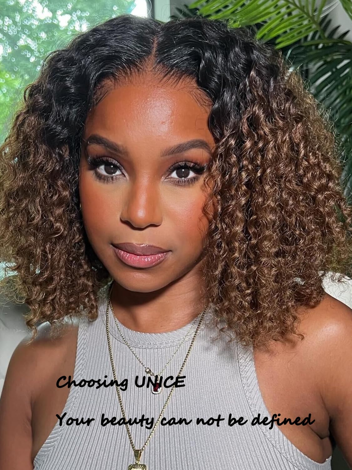 UNICE 8 Inch Short Curly Bob Wig - 100% Human Hair Glueless Wig with Bye Bye Knots, Pre Plucked & Bleached Knots, 7x5 Lace Closure - Ombre Brown Ready-to-Wear Bob Wig for Daily Wear, Cosplay & Special Occasions