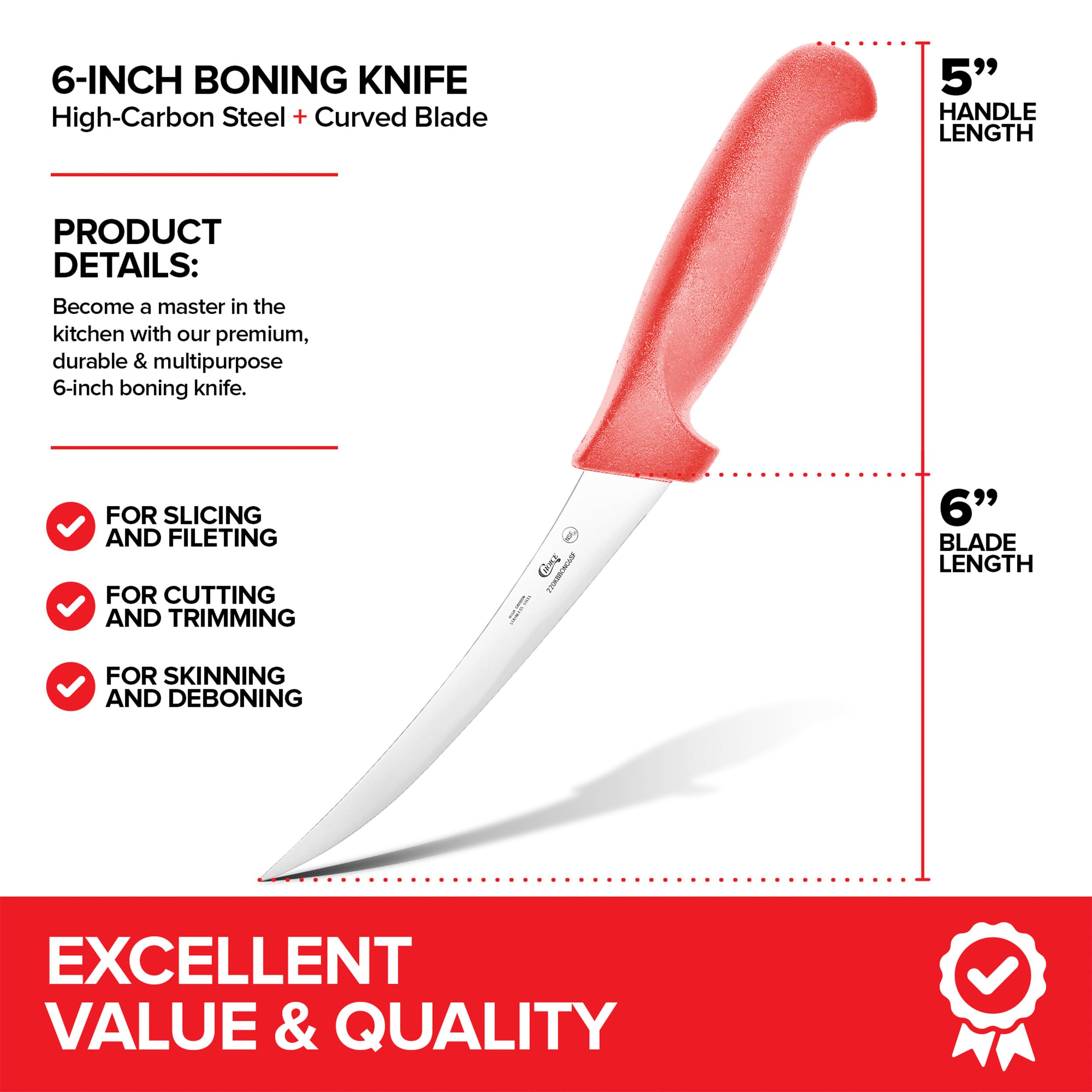 Premium 6 Inch Boning Knife - Ultra Sharp Stainless Steel Blade for Meat Cutting, Deboning & Filleting | Ergonomic Red Plastic Handle | Professional Butcher Knife for Home Kitchen & BBQ | Perfect for Beef, Poultry, Fish and Game Processing