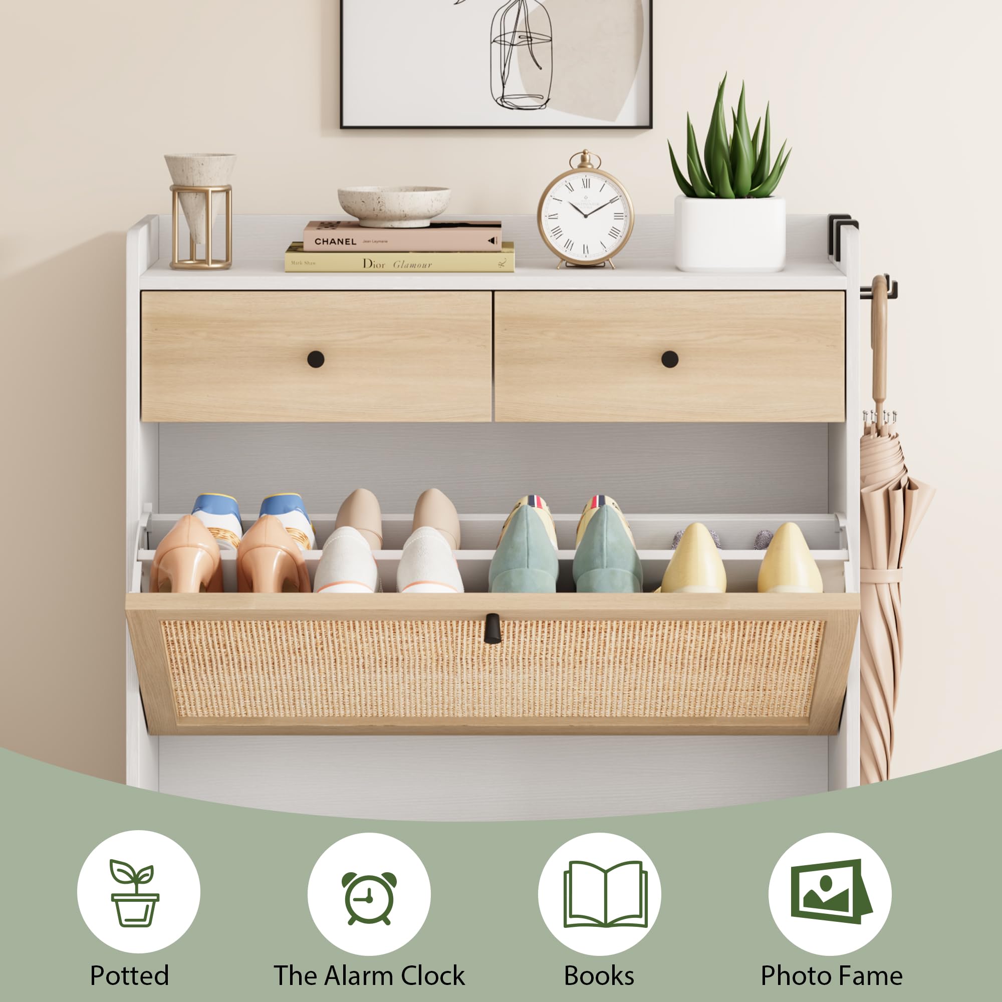 Rattan Shoe Storage Cabinet for Entryway - Narrow Wooden Shoe Organizer with 2 Flip Drawers & 2 Regular Drawers, Freestanding Hidden Shoe Rack with Sturdy Metal Legs in White - Perfect for Small Spaces, Hallway Organization & Apartment Living