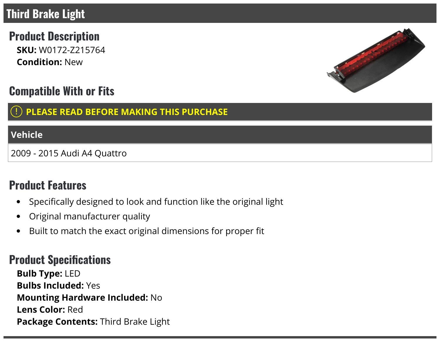 3rd Gen LED Brake Light Lens Replacement for 2009-2015 Audi A4 Quattro - High Visibility Safety Upgrade for Night Driving & Bad Weather Conditions