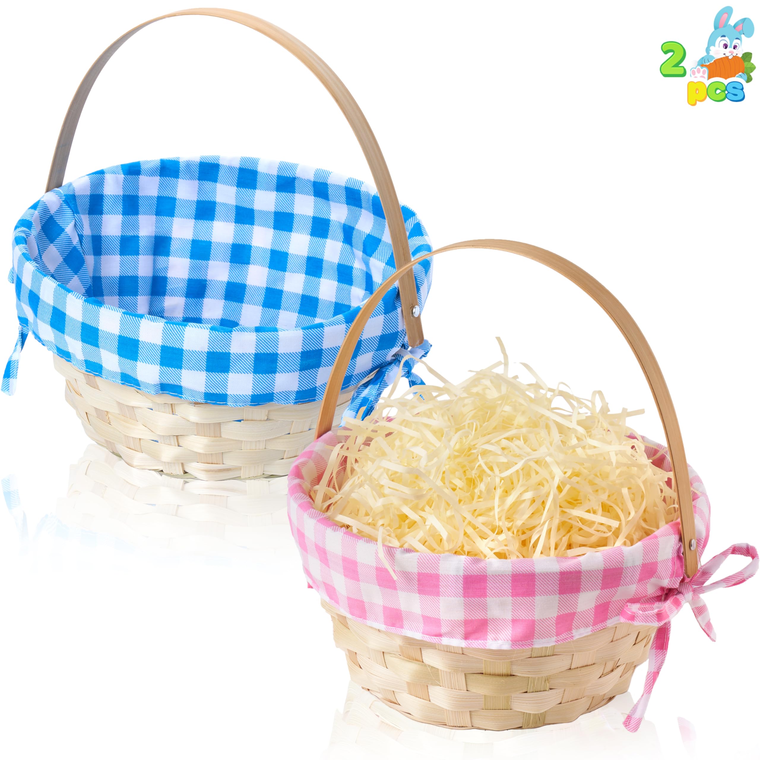 JOYIN 2-Pack Easter Bamboo Woven Baskets with Linen Liner & Handle - Decorative Party, Picnic, Easter Egg Hunt Gift Baskets for Kids (Boys & Girls) - Perfect for Candy, Treats & Holiday Decorations