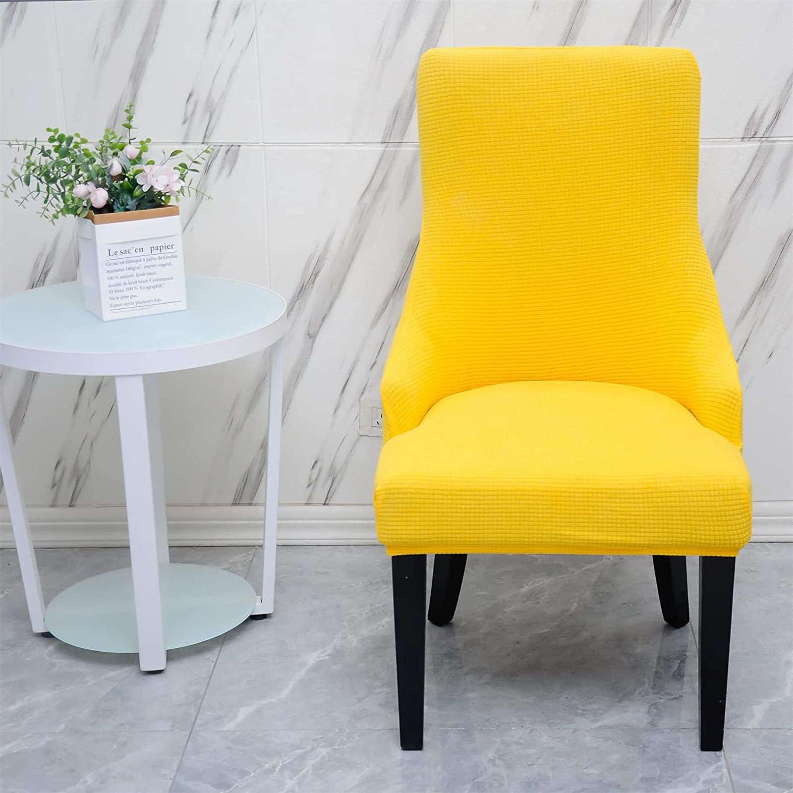 Stretch Wingback Chair Slipcover Set of 4 - Soft Plaid Dining Room & Bedroom Chair Protector Covers for Kids - Yellow | Perfect for Home Decor, Dining Chairs, and Accent Seating