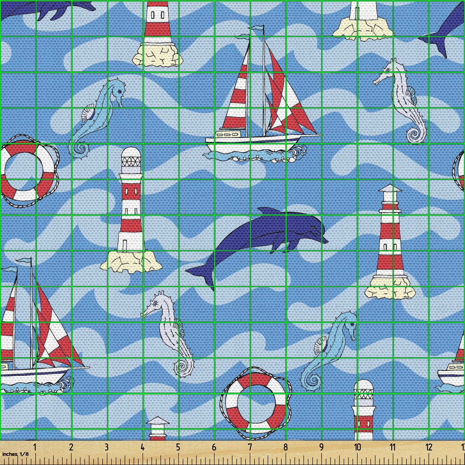 Ambesonne Lighthouse Fabric by The Yard - Wavy Lines Aquatic Design with Dolphins, Seahorses & Boats - Marine Summer Decorative Fabric for Upholstery, Curtains & DIY Home Decor (10 Yards, Blue Navy Red) - Perfect for Coastal Themed Bedrooms, Beach House Decor & Nautical Craft Projects