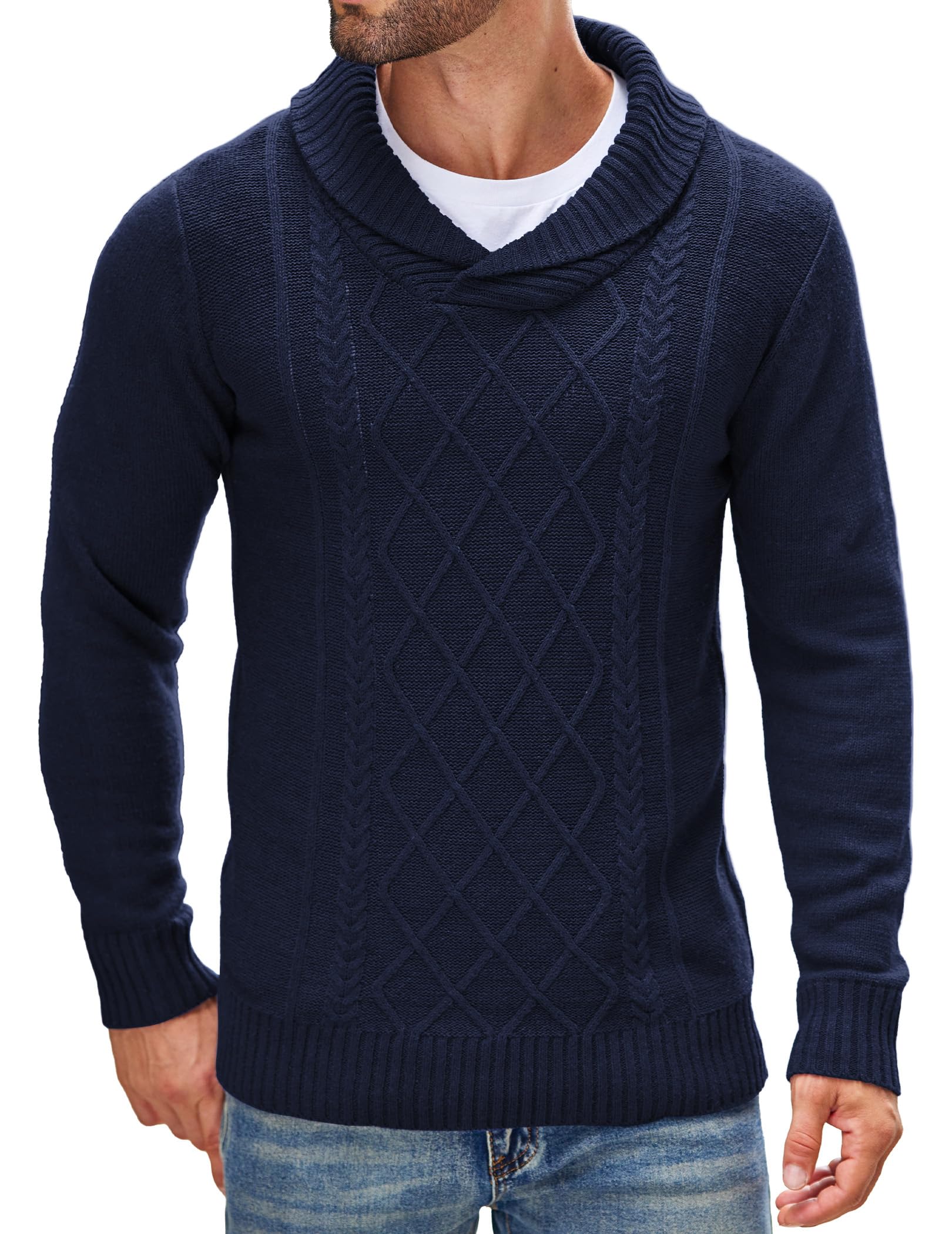 COOFANDY Men's Shawl Collar Sweater V-Neck Cable Knit Pullover - Casual Winter Warm Wool Blend Sweater for Office, Date Night & Holiday Outfits