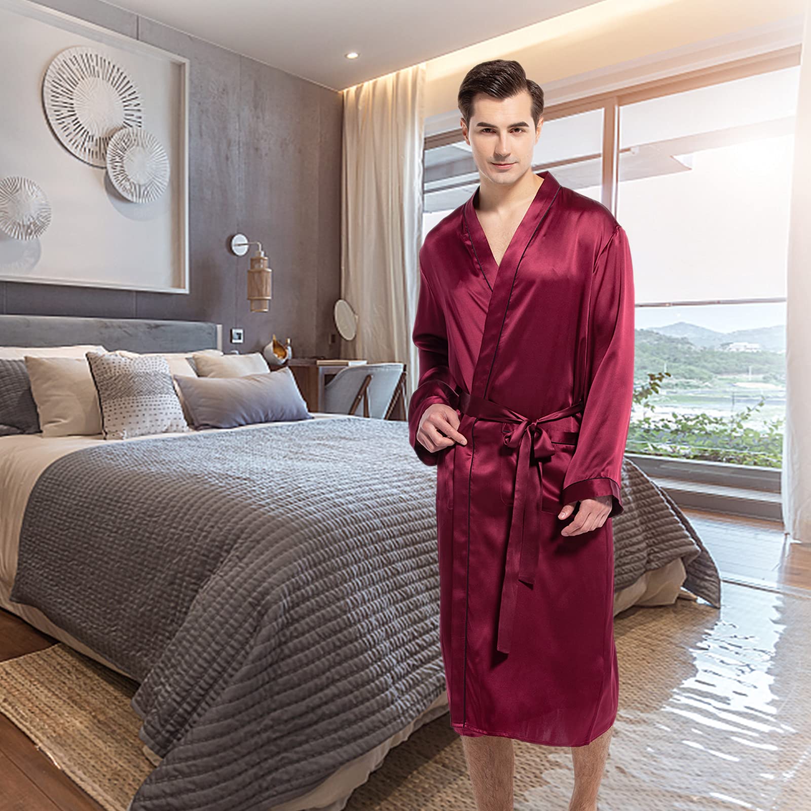 Luxury Mulberry Silk Robe for Men - Lightweight Long Sleeve Bathrobe & Sleepwear - Perfect for Spa, Lounge & Home Relaxation