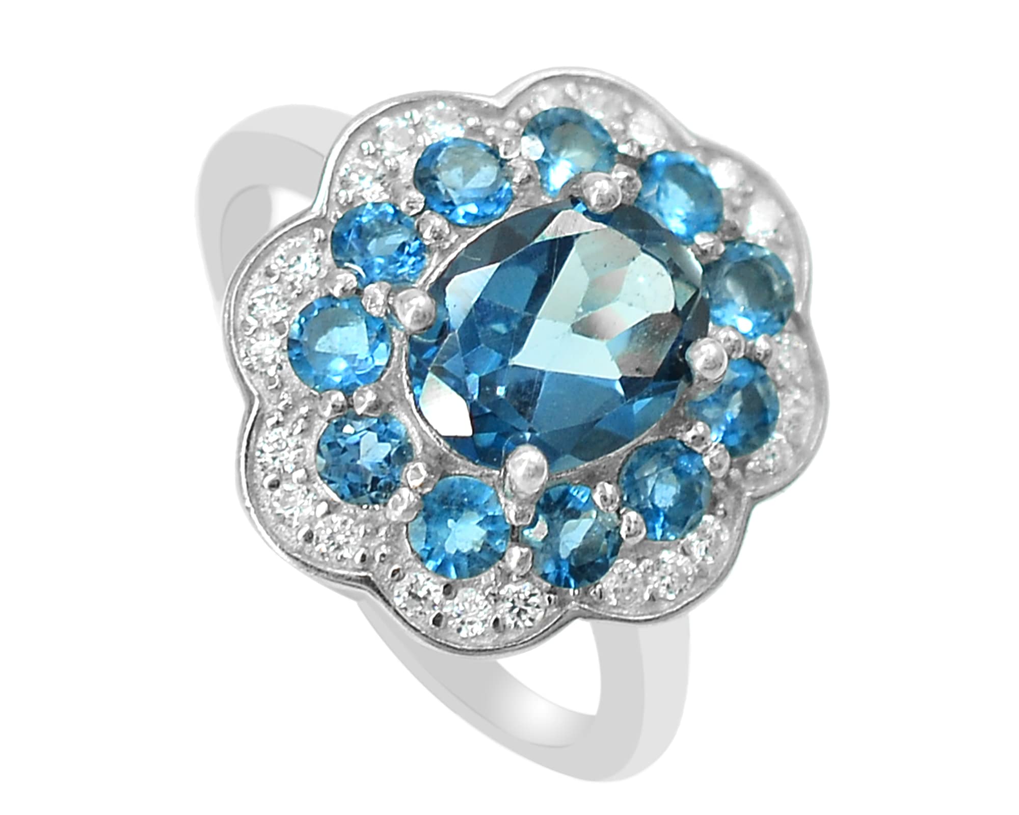 9X7 MM Natural London Blue Topaz Gemstone Ring in 925 Sterling Silver - December Birthstone Jewelry, Unisex Cluster Ring for Proposal, Christmas Gift for Girlfriend, Women's Fashion Accessory - Perfect for Anniversaries, Engagements & Special Occasions