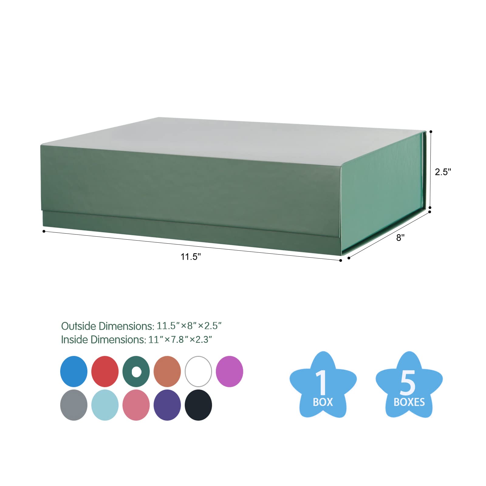 Premium Green Gift Boxes 11x7.8x2.3 Inch with Magnetic Closure - 5 Pack Shirt Gift Box Set with Lids for Christmas, Birthday, Anniversary Presents - Perfect for Clothing, Jewelry & Luxury Gifts