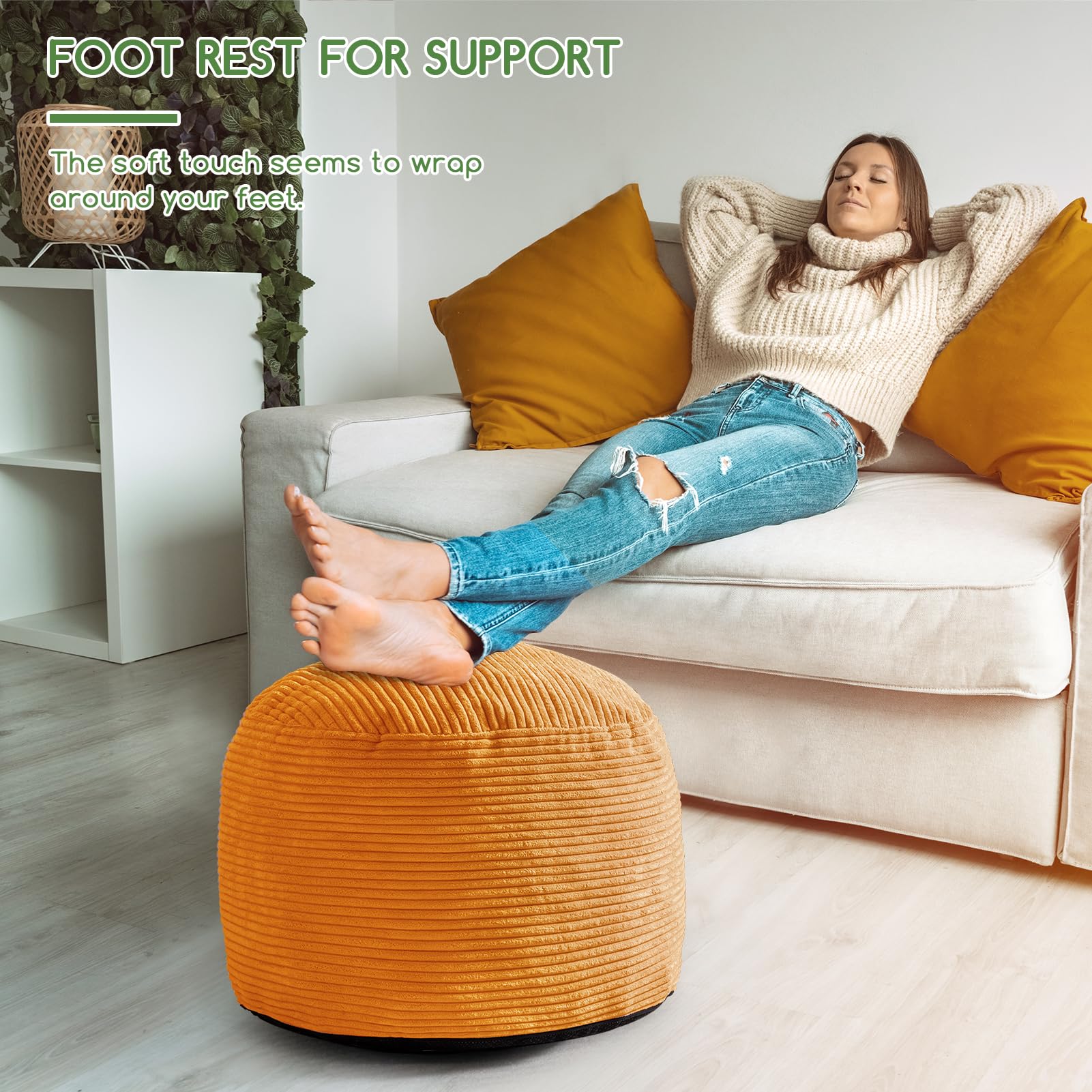 MAXYOYO Round Stuffed Pouf Ottoman - Corduroy Foam-Filled Footrest, 20 x 15 Inches, Orange - Perfect for Living Room, Bedroom & Nursery Decor