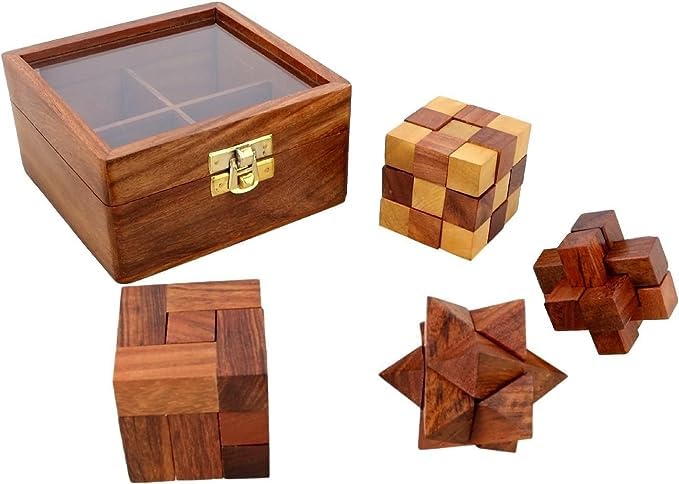 Premium 3D Wooden Puzzle Box Set - 4 Challenging Brain Teaser Games for Adults, IQ Test & Logic Training | Unique Interlocking Wooden Toys for Home Office Decor, Rustic Patio Gift (5x5x2.4 Inch) - Perfect for Stress Relief, Family Game Nights & Cognitive Development