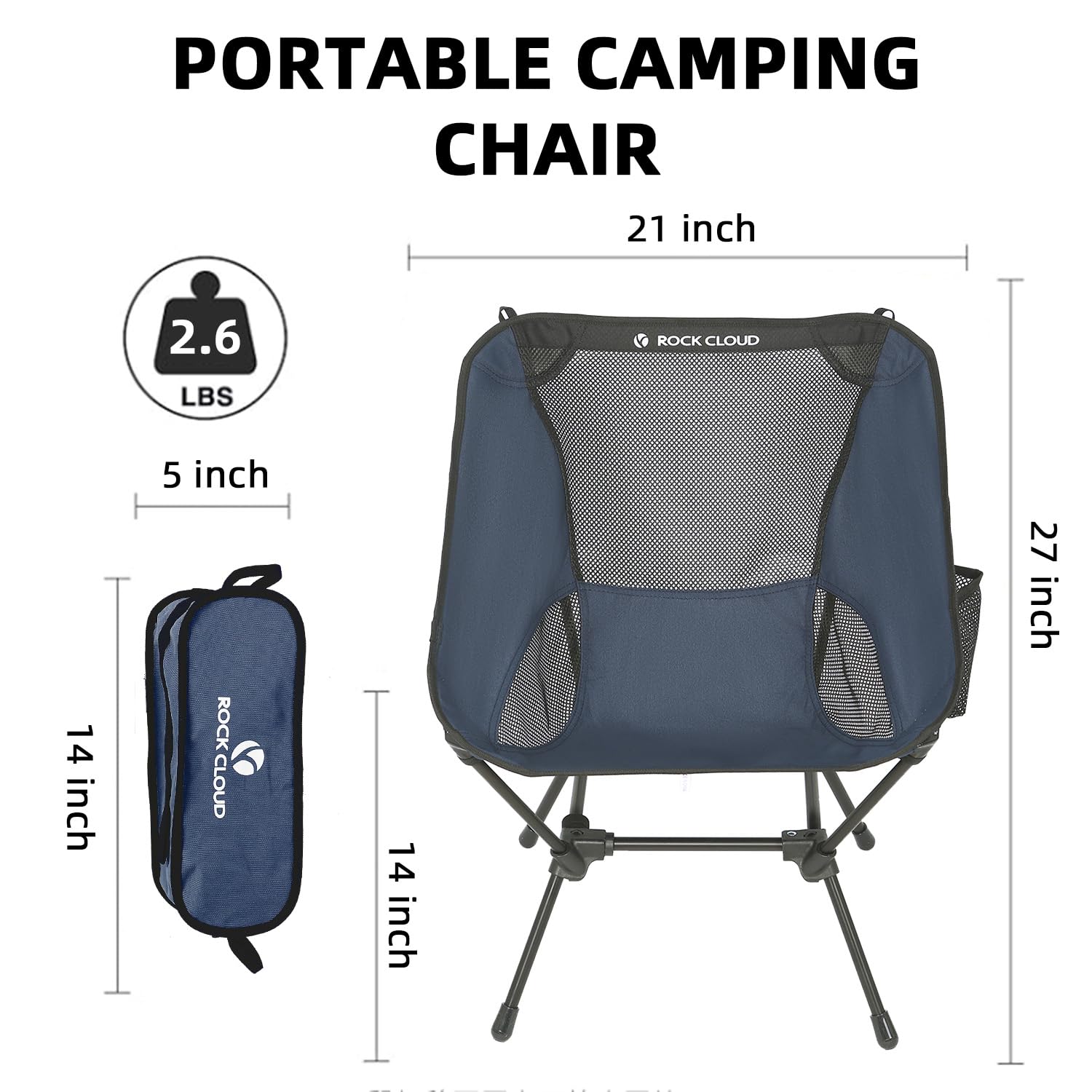 ROCK CLOUD Ultralight Portable Folding Camping Chair - Compact Outdoor Chair for Camping, Hiking, Backpacking, Beach, Lawn & Sports (Navy Blue) - Perfect for Picnics, Tailgating, Concerts & Outdoor Adventures