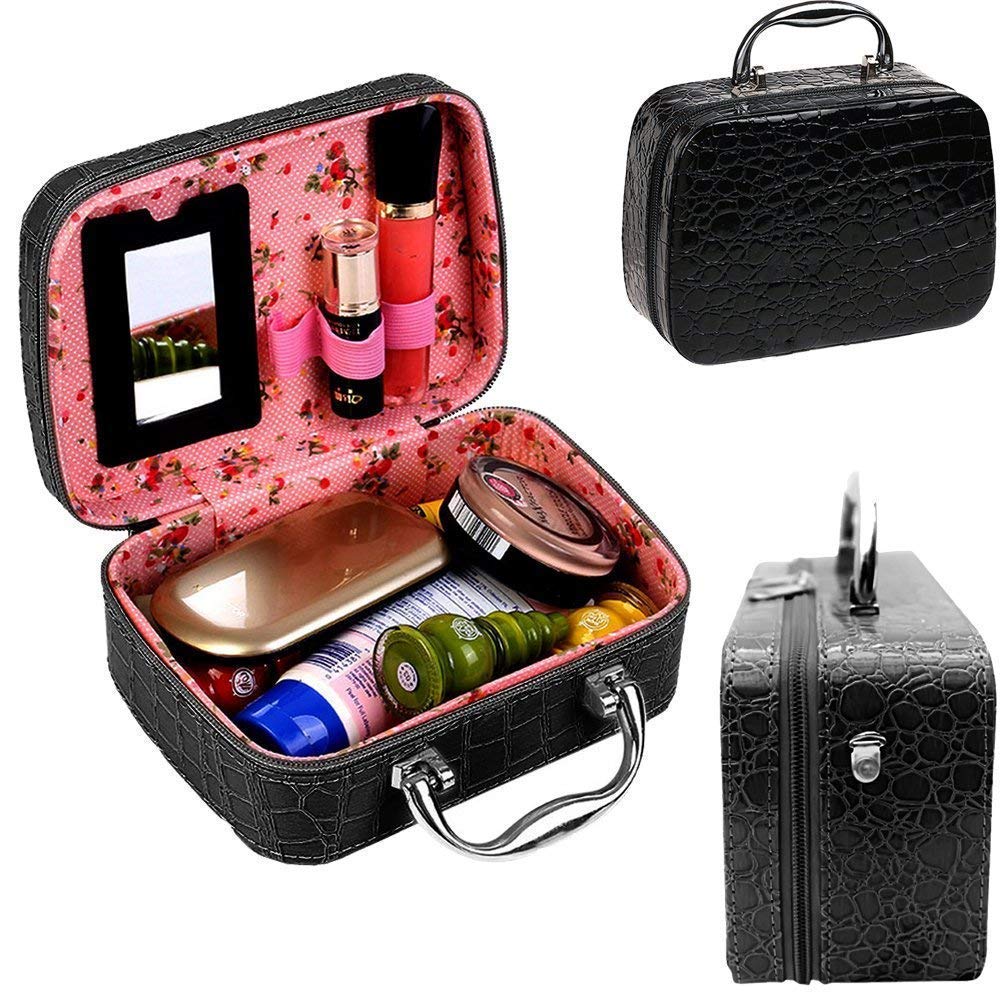 Stylish Makeup Bag & Cosmetic Organizer with Magnifying Mirror - Travel Jewelry Storage Box & Toiletry Case for Women (Black) | Perfect for Travel, Home Vanity & Gift Giving