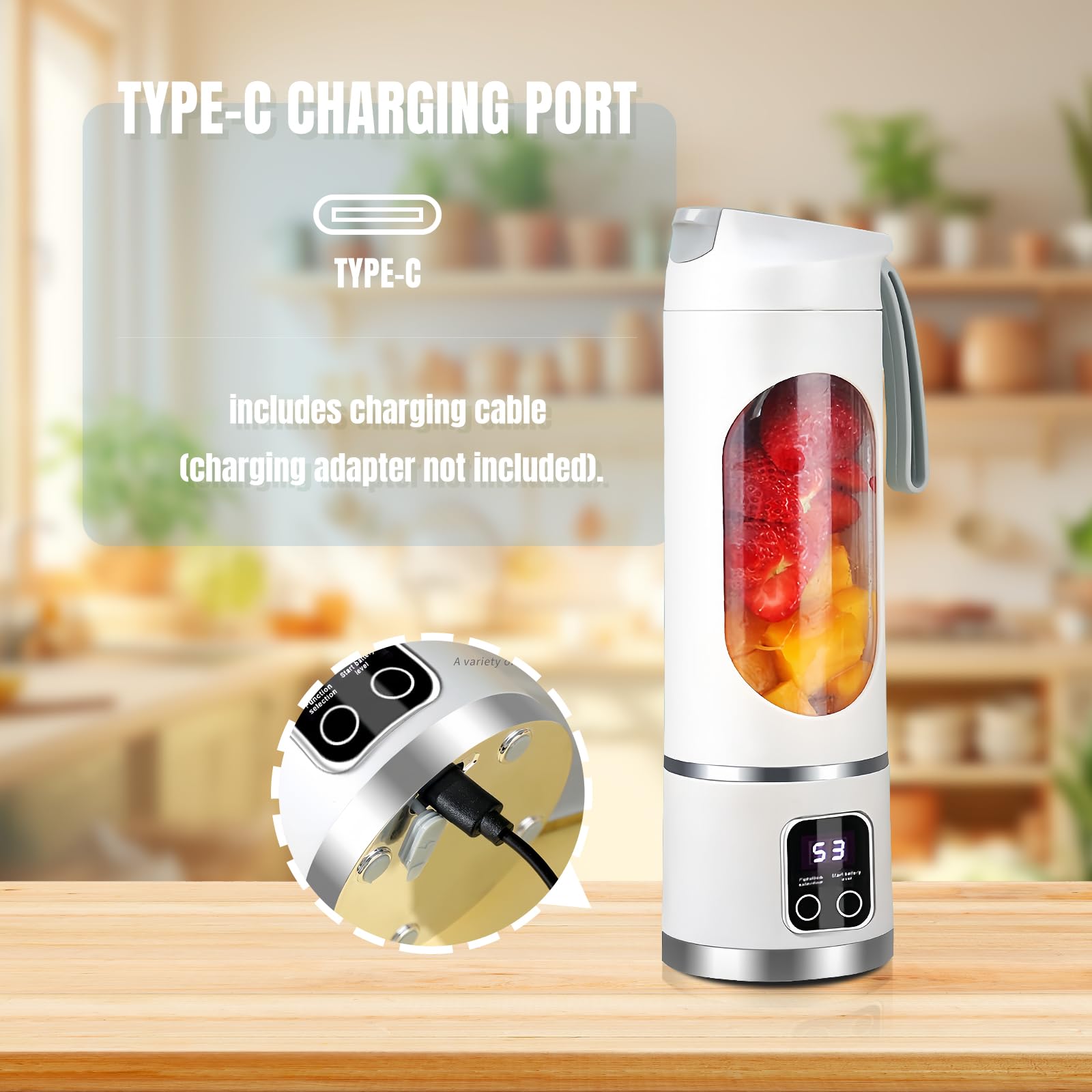 USB Rechargeable Portable Blender - 12-Blade Mini Ice Crusher with Digital Display, 3 Speed Modes, Easy-to-Clean 15.22oz Travel Cup | Perfect for Smoothies, Protein Shakes & Fresh Juice at Home, Gym, Office or Travel (White)