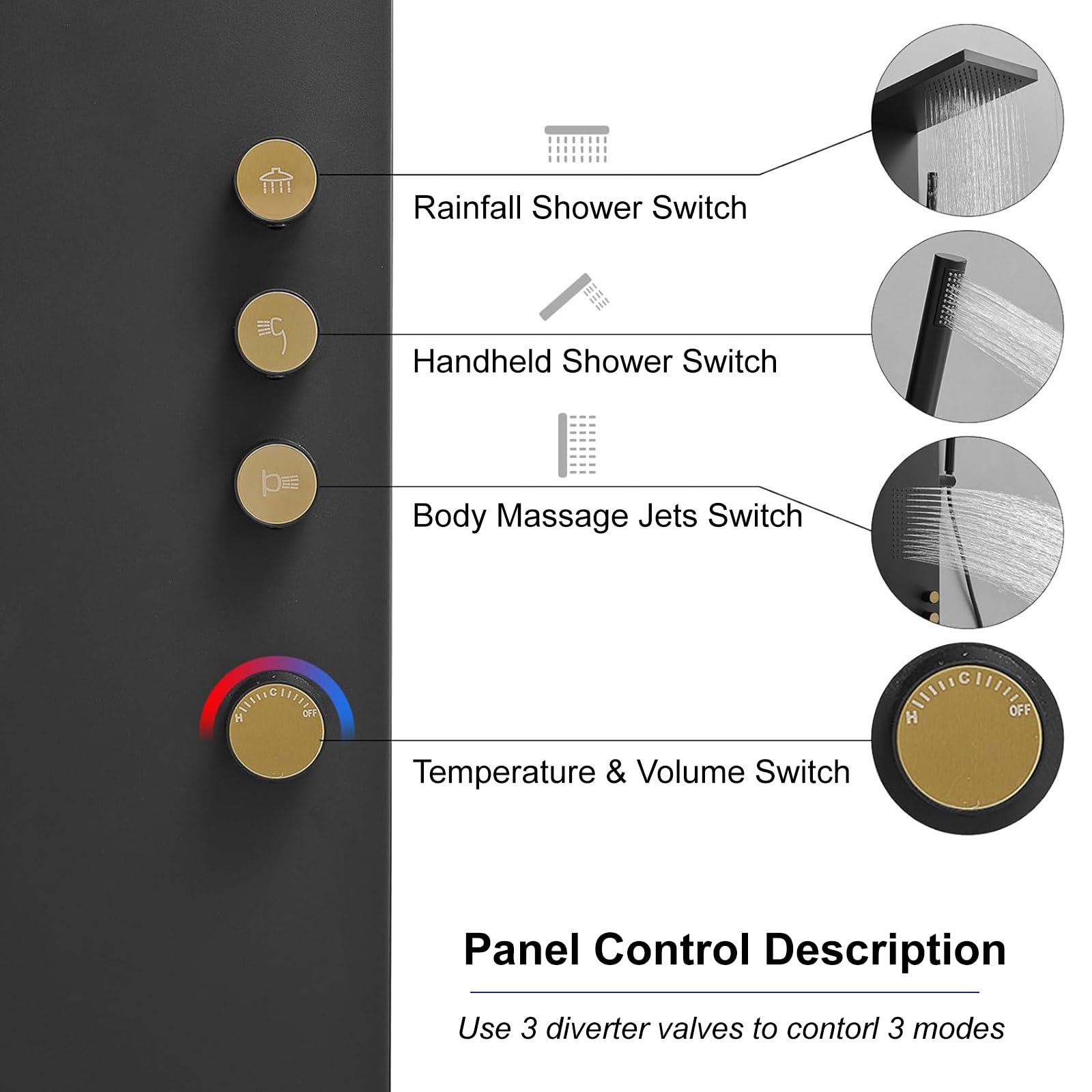 Premium Stainless Steel Shower Panel Tower System with Rainfall Shower, Body Jets & Handheld Shower - 3-Function Wall Mounted Black Shower System for Luxurious Spa-Like Bathroom Experience