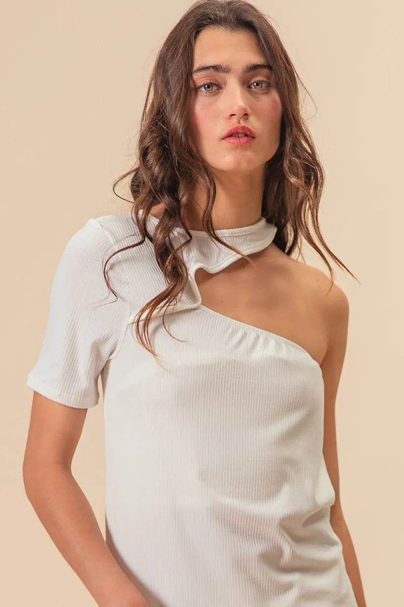BiBi Soft Rib Knit Cut Out One Shoulder Top - Women's Fashion Stretch Knit Blouse for Casual Wear, Night Out, and Party Outfits