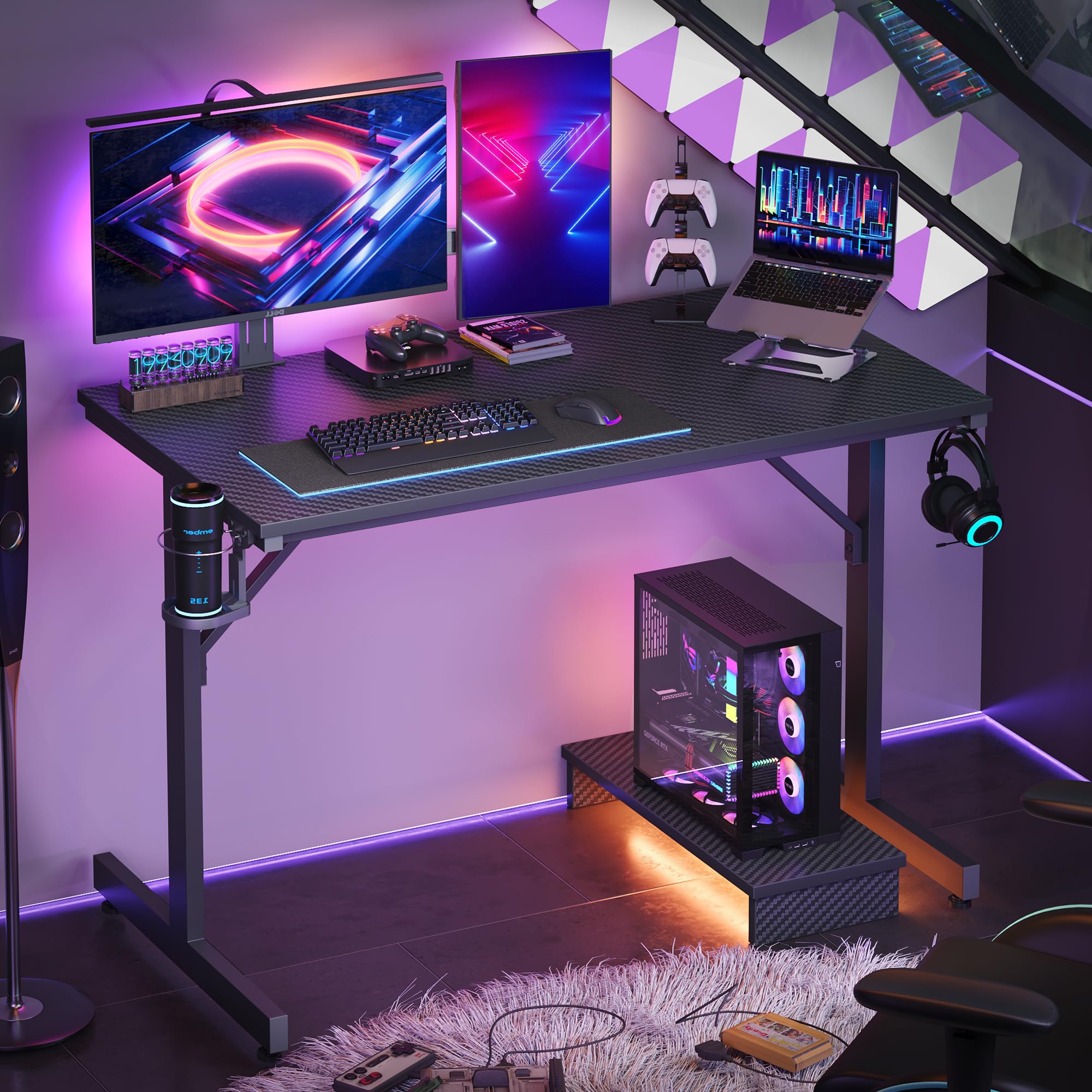 Bestier 42 Inch Gaming Desk with LED Lights - Small Computer Desk with Monitor Shelf & Headphone Hook - Black Carbon Fiber Texture Gaming Table for Kids & Teens - Perfect for PC Gaming, Streaming & Home Office Setup