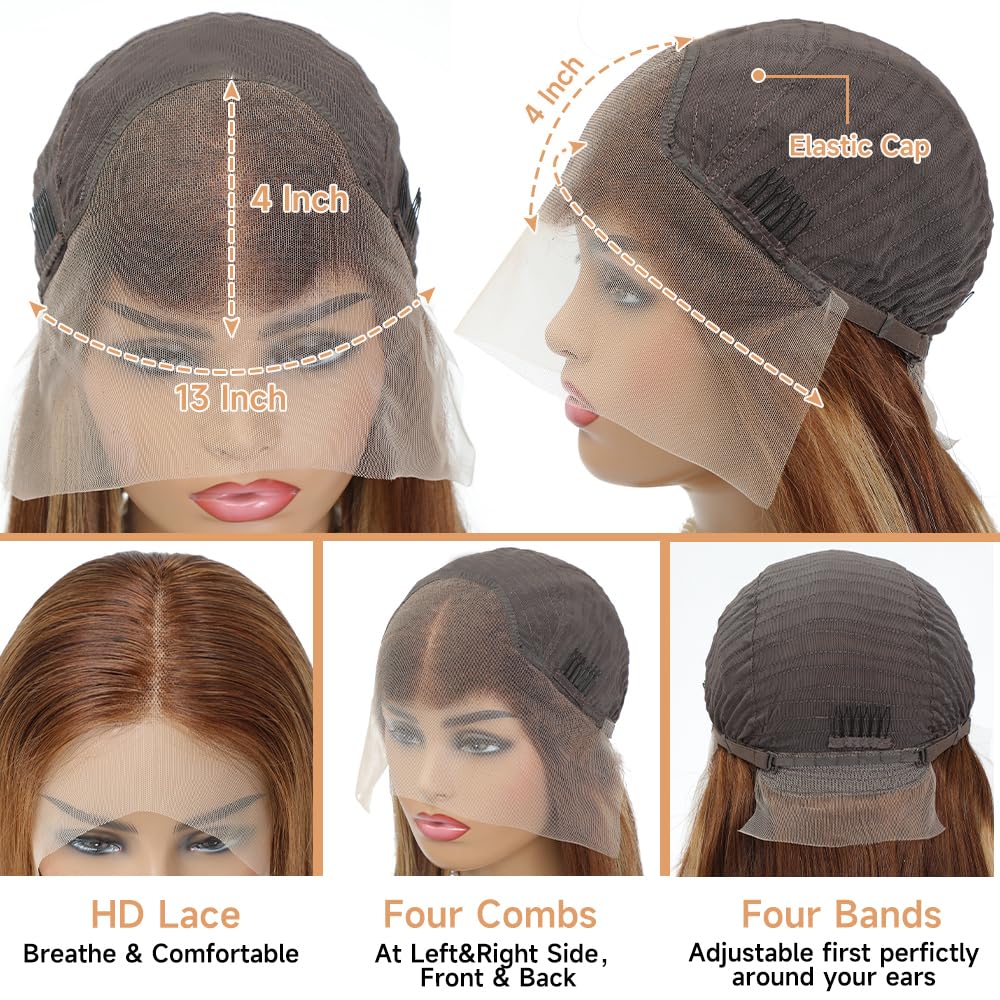 13x4 HD Transparent Lace Front Wig Human Hair - 4/27 Honey Blonde Ombre Pre Plucked with Baby Hair 180 Density Straight Colored Wigs (26 Inch) for Daily Wear, Cosplay & Special Occasions