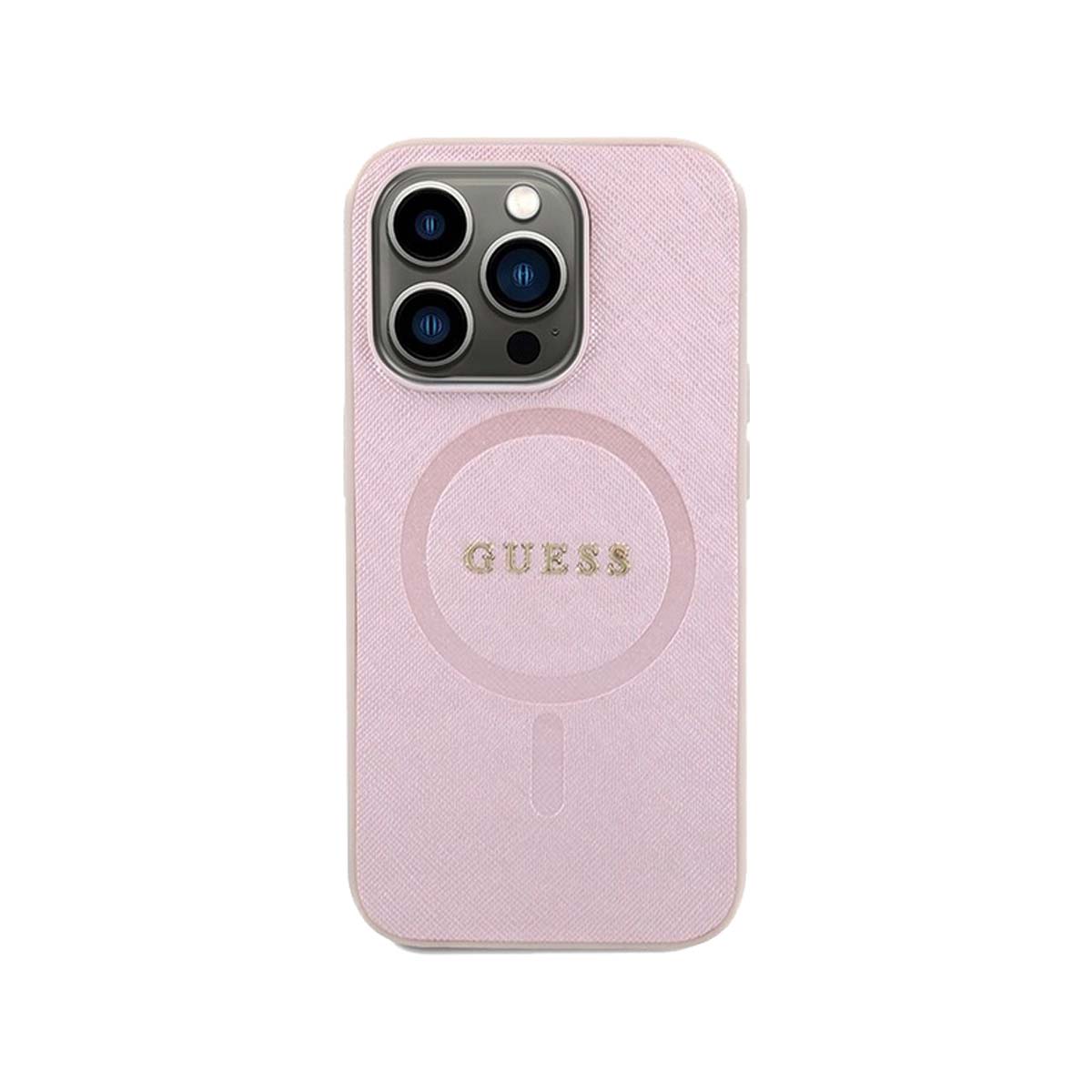 Guess Saffiano Leather MagSafe Case for iPhone 15 Pro Max - Pink | Slim Protective Cover with Premium Texture | Perfect for Work, Travel & Everyday Use