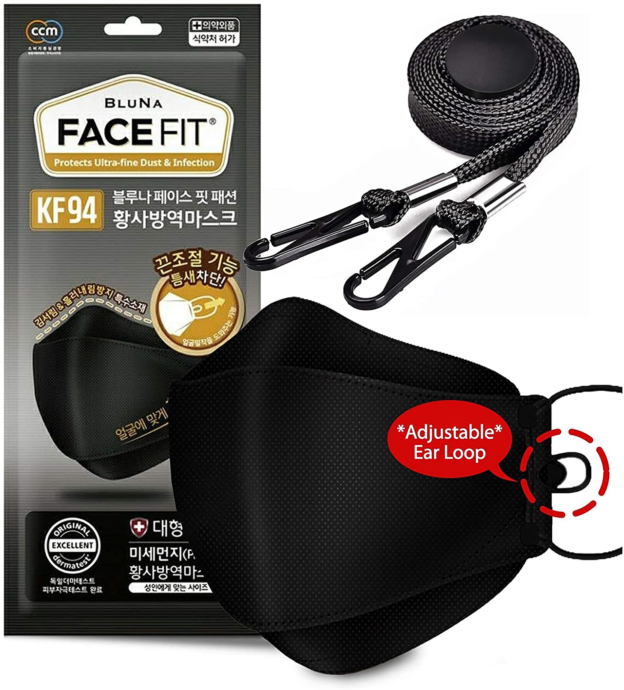 BLUNA KF94 Black Face Mask 10-Pack - Adjustable Strap for Comfort & Safety