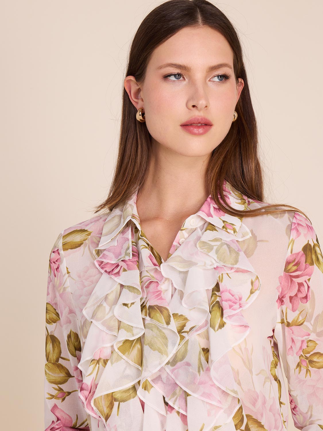 Elegant Floral Blouse with Front Ruffles - Women's Fashion Top for Spring & Summer - Perfect for Office, Date Night & Special Occasions