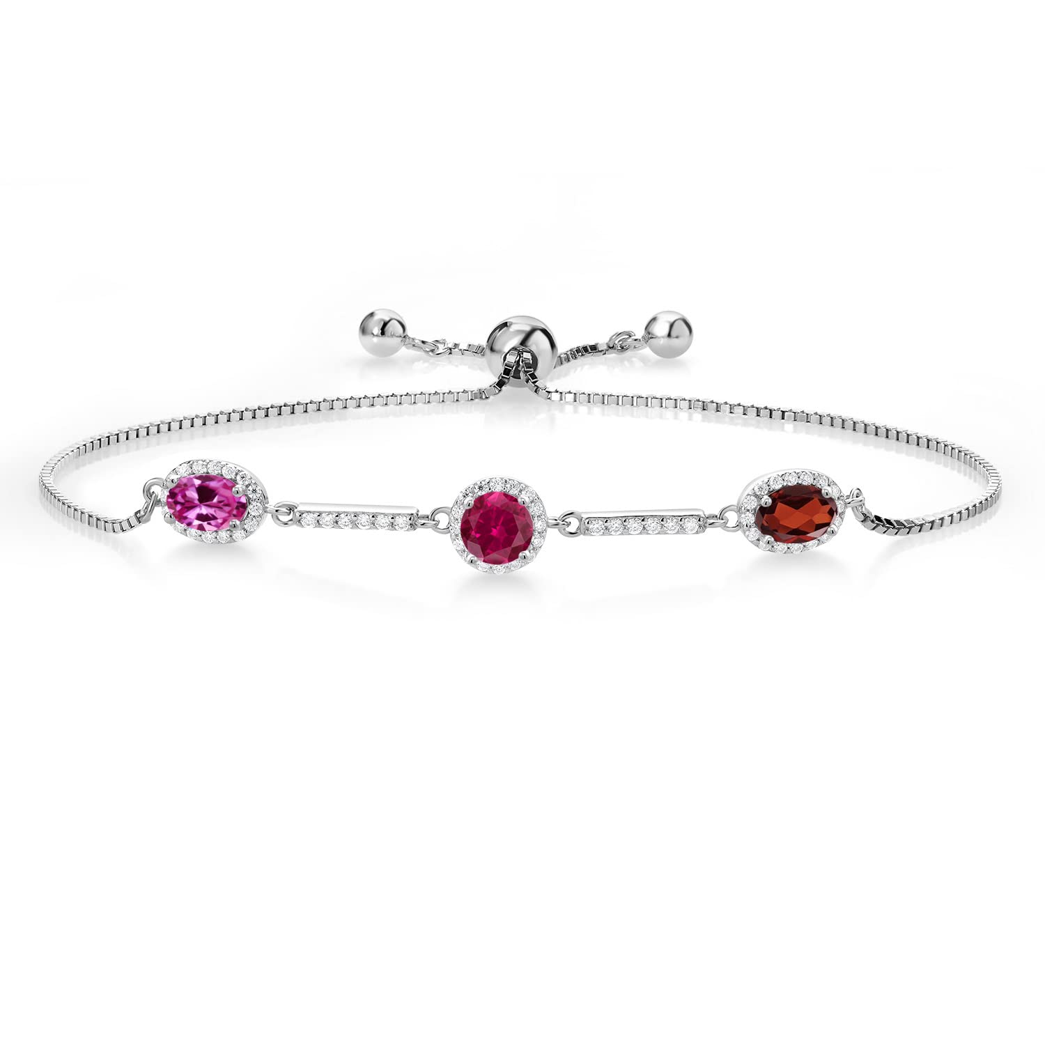 Gem Stone King Keren Hanan 925 Sterling Silver 3 Stone Created Moissanite Adjustable Bracelet with Oval & Round Pink Sapphire, Red Ruby & Garnet (2.40cttw) - Elegant Jewelry Gift for Women, Perfect for Weddings, Anniversaries & Special Occasions