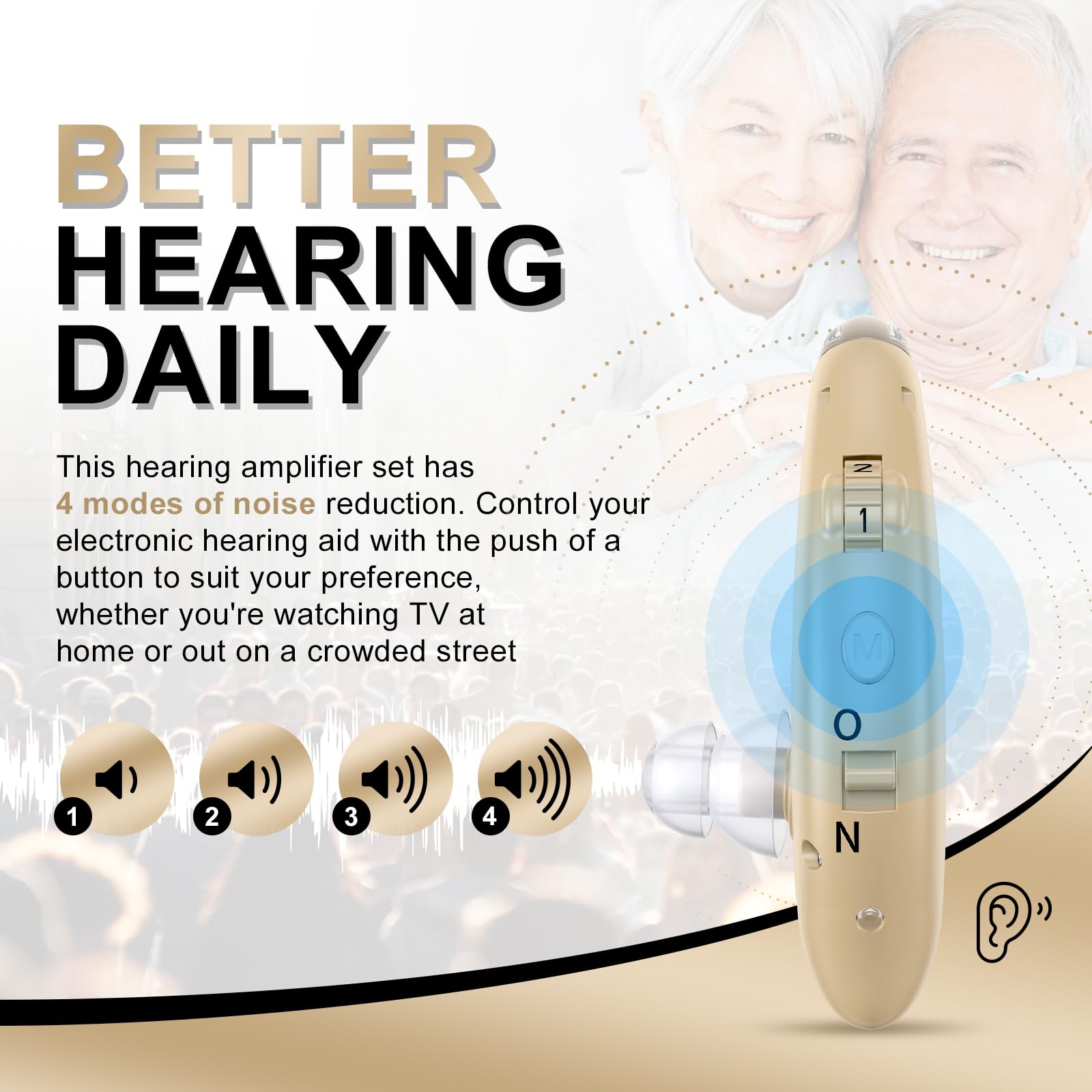 Rechargeable Hearing Amplifier for Seniors - Noise Cancelling, No Squeaking, LED Power Indicator (Grey) | Personal Sound Enhancer for TV Watching, Conversations & Outdoor Activities