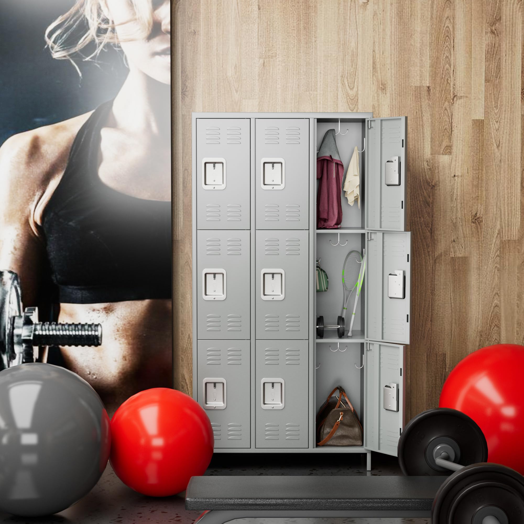 9-Door Metal Lockers with Lock - Heavy Duty Storage Locker for Employees, School, Office, Gym & Garage - Includes 27 Hooks - Light Grey (Assembly Required) - Perfect for Secure Storage in Workplaces, Schools, and Fitness Centers