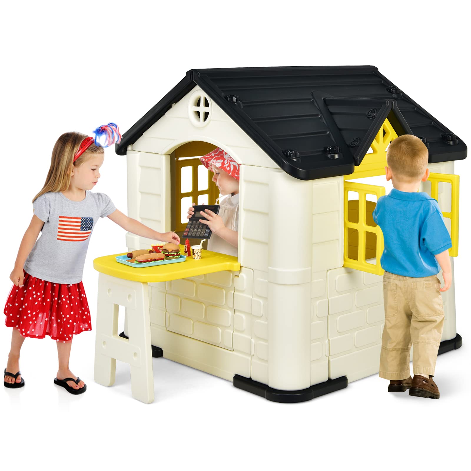 Costzon Kids Playhouse - Outdoor Garden Cottage with Working Doors & Windows, Pretend Play Toy House with Picnic Table, 7-Piece Toy Set & Tray, Waterproof Cover - Perfect Gift for Boys & Girls Ages 3+ (Yellow) | Ideal for Backyard Play, Birthday Gifts & Outdoor Pretend Play Activities