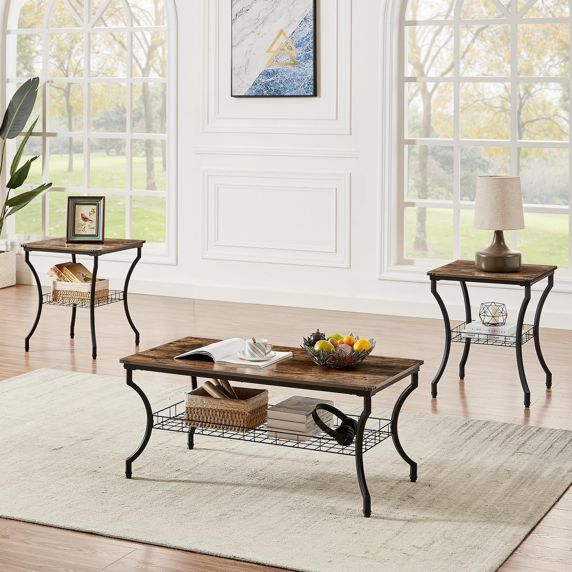 VECELO 3-Piece Living Room Table Set - Coffee Table & End Tables with Open Storage Shelves, Easy Assembly, Brown - Perfect for Apartments, Home Offices & Small Spaces | Living Room Furniture, Modern Home Decor