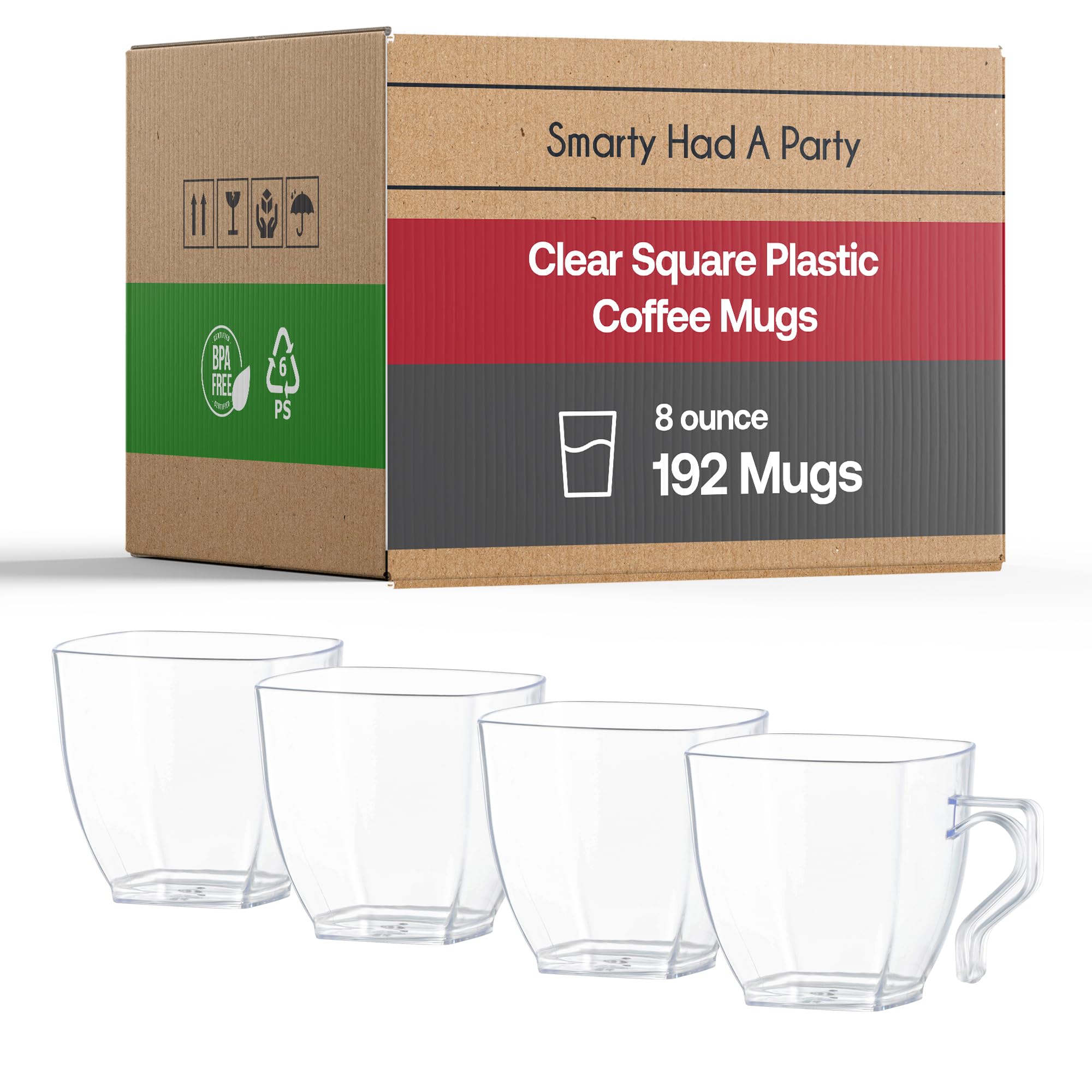 192 Pack Smarty Had A Party 8 oz Clear Disposable Plastic Coffee Cups with Handles - Elegant Drinkware for Hot Beverages, Tea, Cappuccino - Perfect for Parties, Cafes, Offices & Events
