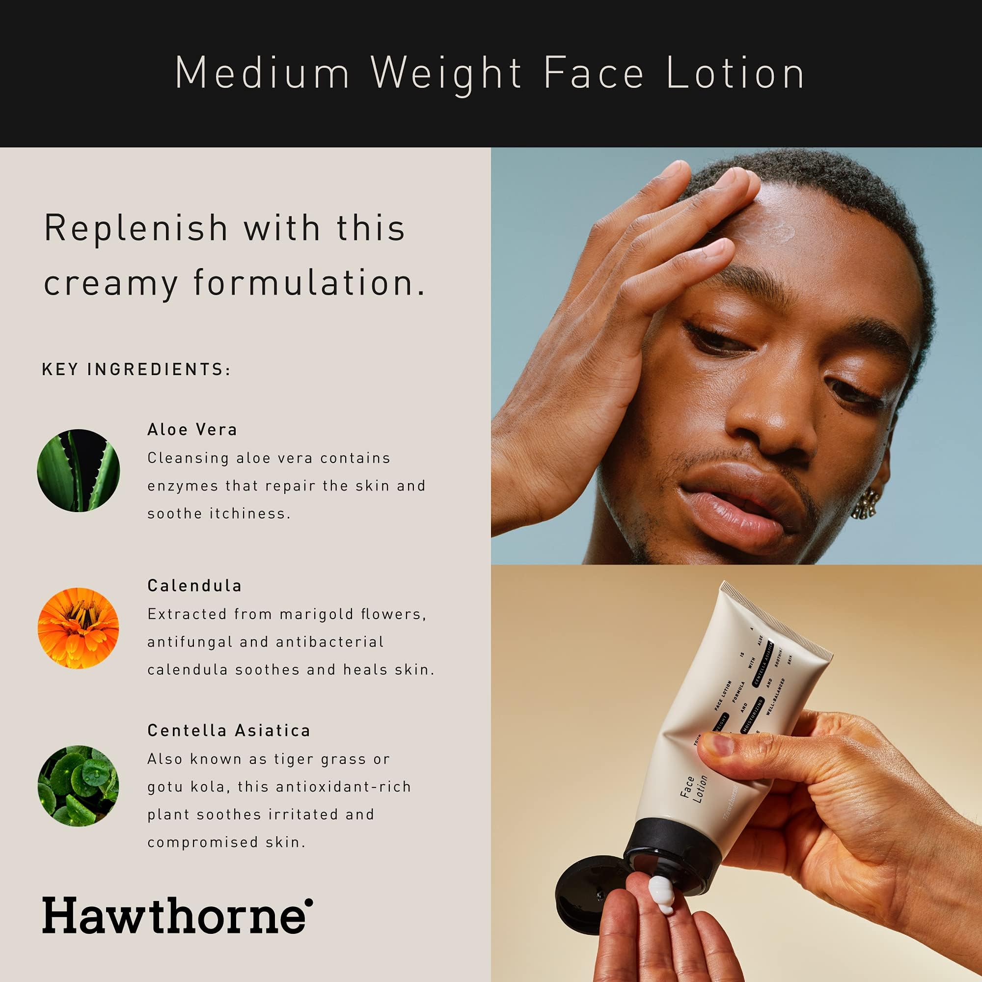Hawthorne Men's Medium Weight Face Lotion with Aloe Vera & Tiger Grass - Hydrating Face Cream Moisturizer for Normal to Dry Skin | 4 Fl Oz | Soothes & Protects Skin | Ideal for Daily Skincare Routine & Post-Shave Care