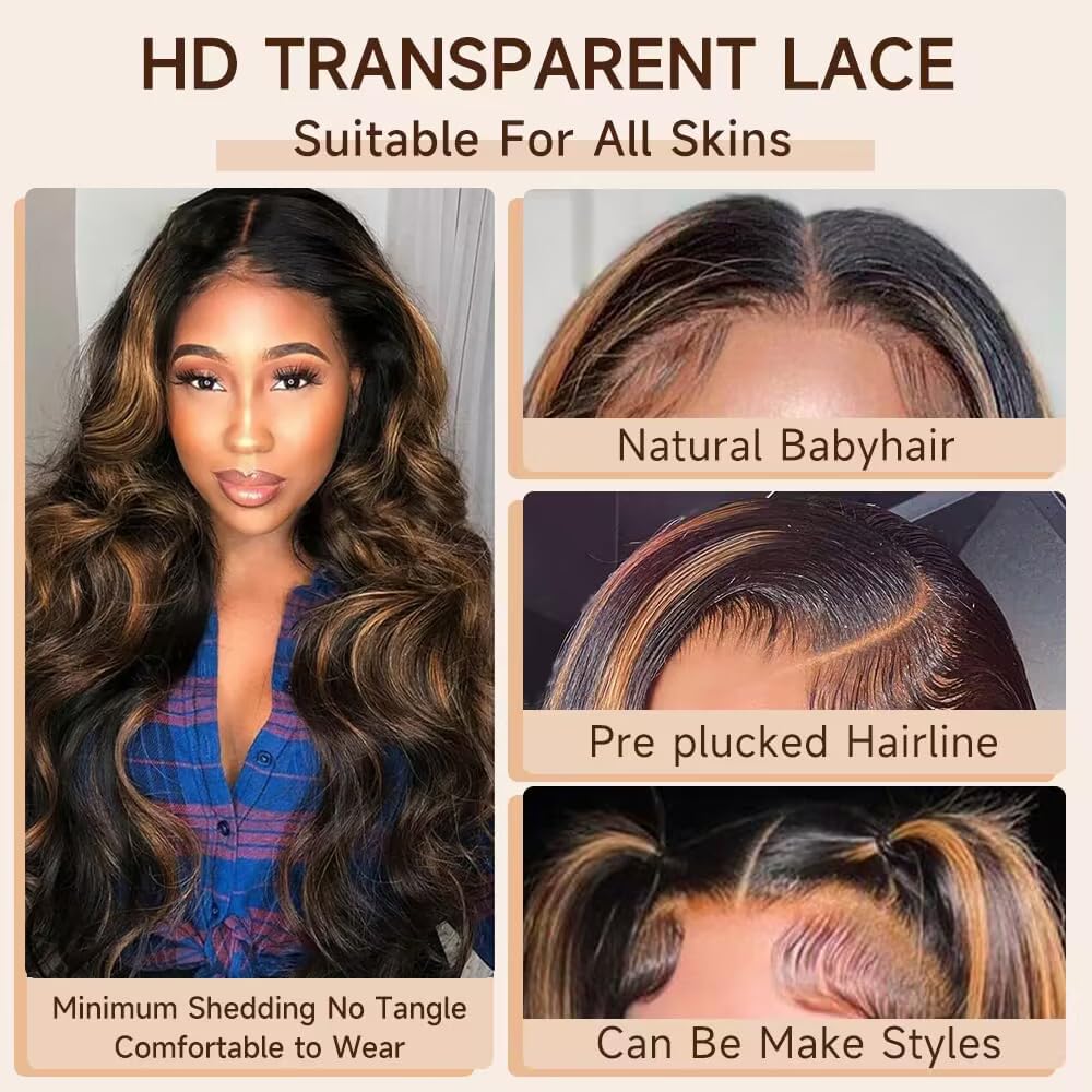 13x6 HD Lace Front Wig Human Hair 1B/30 250% Density Body Wave Blonde Ombre Highlight Glueless Wig for Women - 26 Inch Long, Natural Look for Daily Wear, Parties & Special Occasions