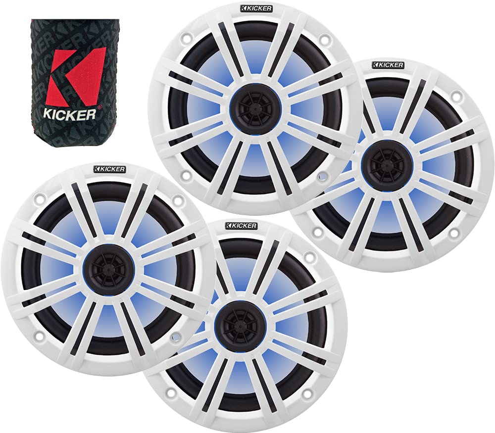 KICKER 8 Inch Marine Boat Speakers (2 Pairs) - Waterproof 4-Ohm Coaxial Speakers with White Grille & LED Lights - OEM Replacement for Marine Audio Systems - Perfect for Pontoon Boats, Yachts and Watercraft