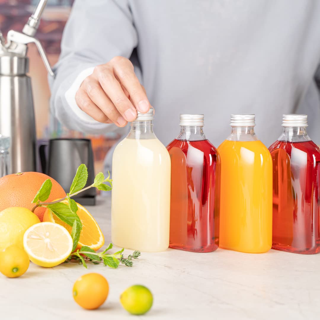 Restaurantware Bottle Tek 10oz Empty Plastic Liquor Bottles (100-Pack) with Aluminum Lids - Clear Disposable Flasks for Juice, Ginger, Sauces & Party Favors | Perfect for Bars, Catering & DIY Cocktail Kits