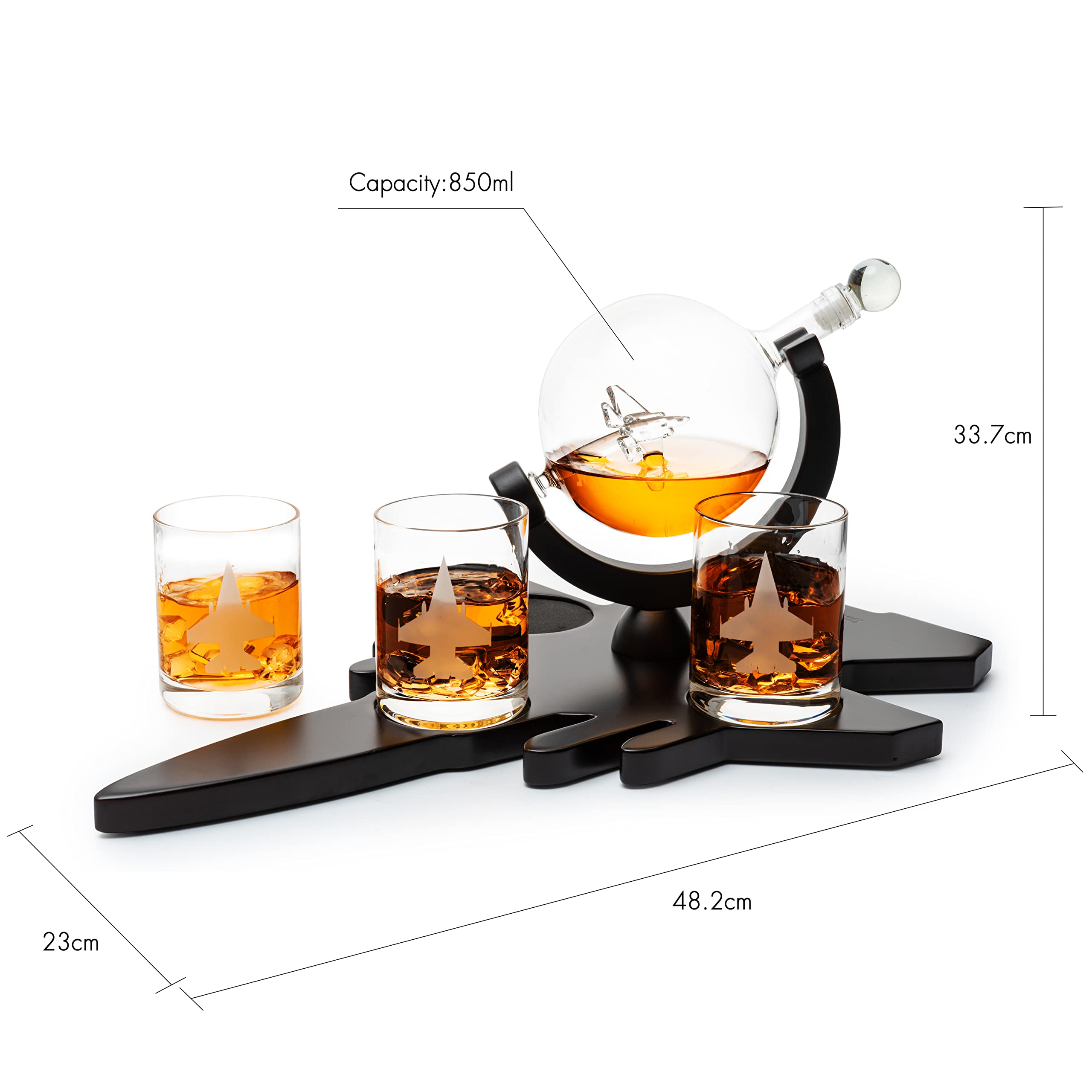 Fighter Jet Wine & Whiskey Decanter Set - F16, F15, F18, F22 with 3 Glasses | Bourbon, Scotch & Vodka Decanter | Perfect Pilot, Aviation & Military Veteran Gifts | Airplane Figurine for Home Bar & Cocktail Party Decor
