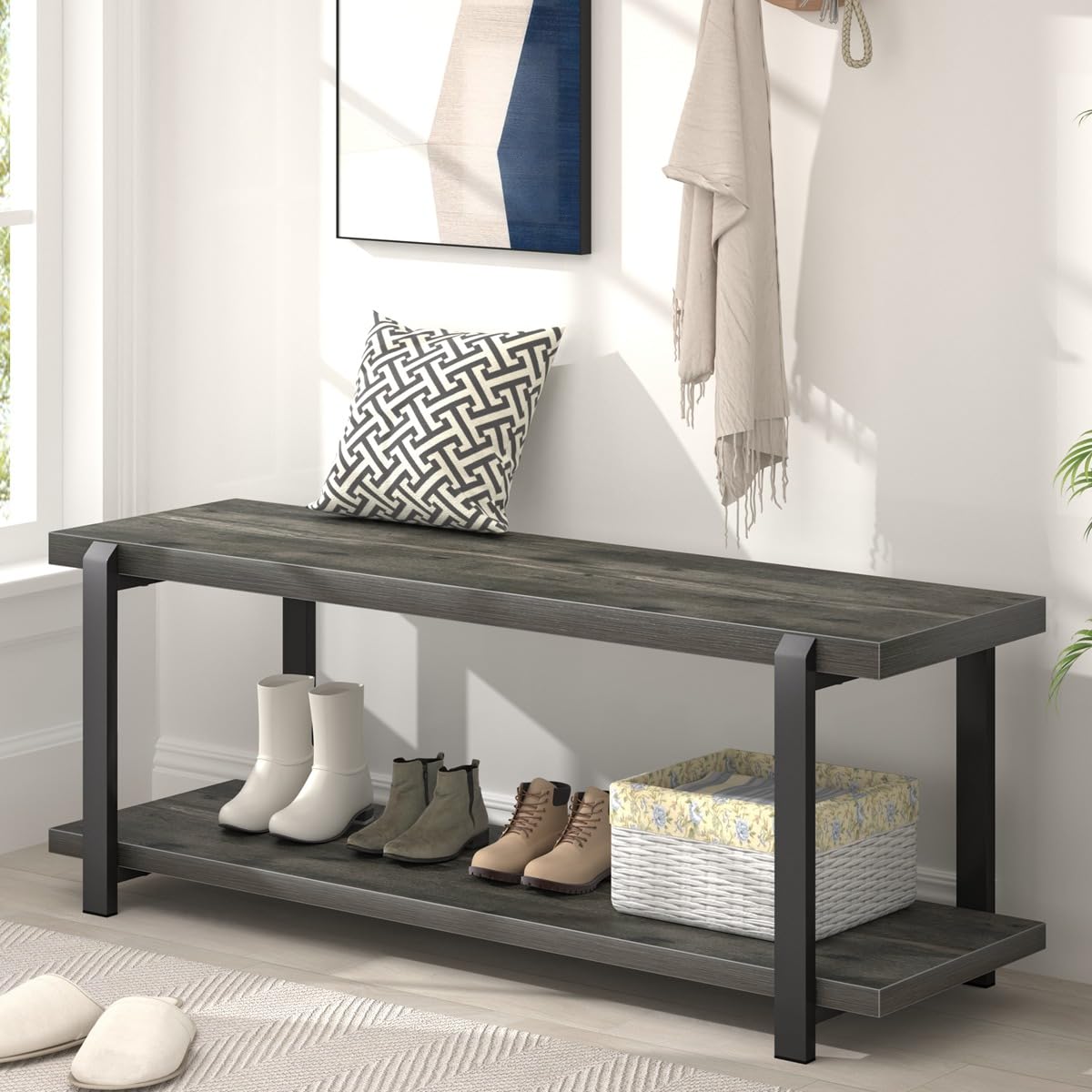 EXCEFUR 47 Inch Shoe Bench with Storage - Rustic Wood & Metal Entryway Bench, Shoe Rack & Seat for Hallway, Mudroom & Living Room Organization