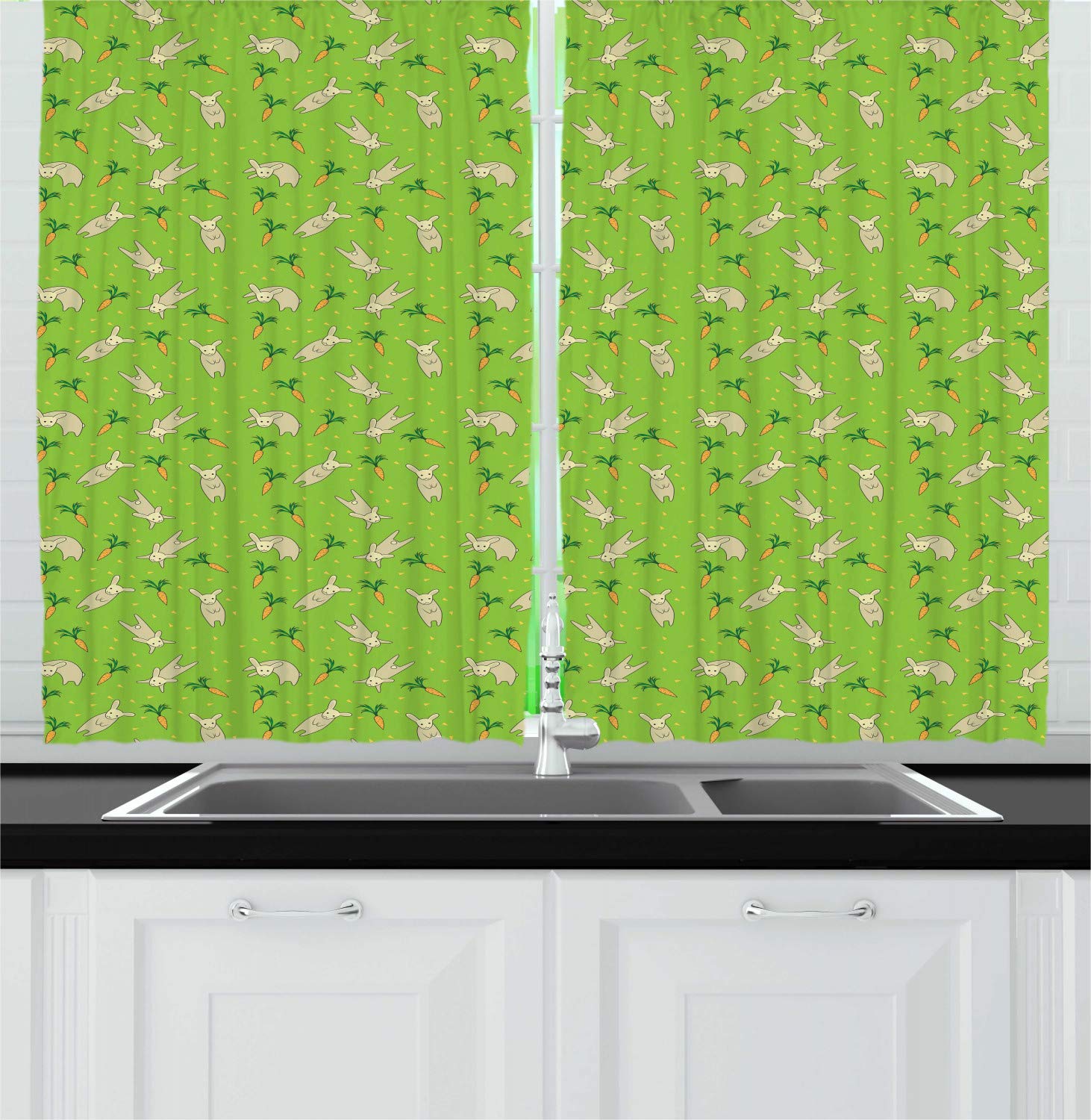 Ambesonne Bunny Kitchen Curtains Set of 2 Panels - Cute Rabbit & Carrot Print Window Drapes for Kitchen Decor, 55 x 39 Inches, Lime Green Multicolor - Perfect for Farmhouse, Cottage & Cafe Style Homes