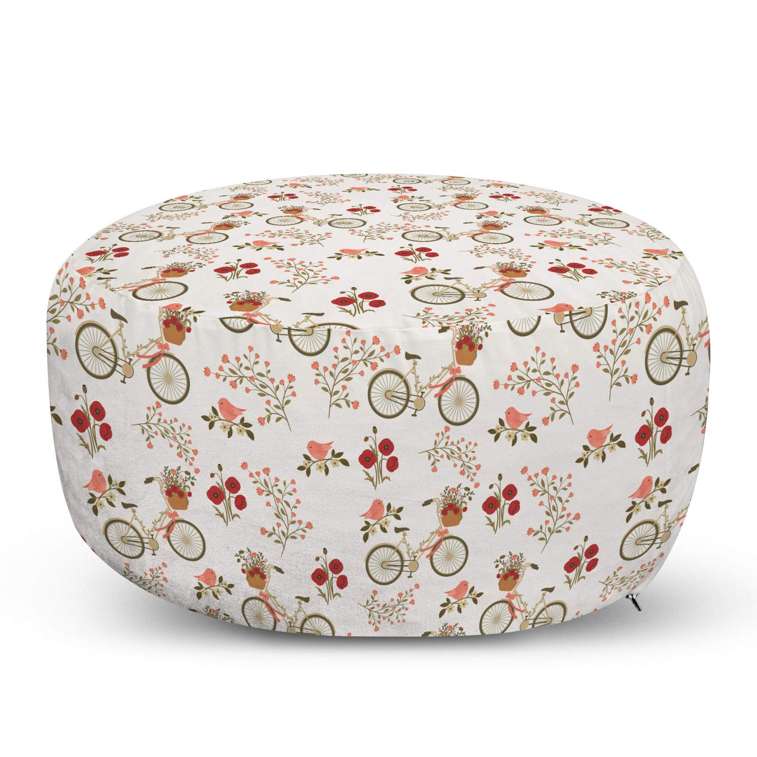 Ambesonne Floral Ottoman Pouf - Vintage Romance Design with Bicycles, Flower Baskets & Love Birds - Soft Foot Rest Stool with Removable Cover for Living Room & Bedroom - Perfect for Home Decor, Relaxation & Extra Seating - Multicolor Bohemian Style Home Accent