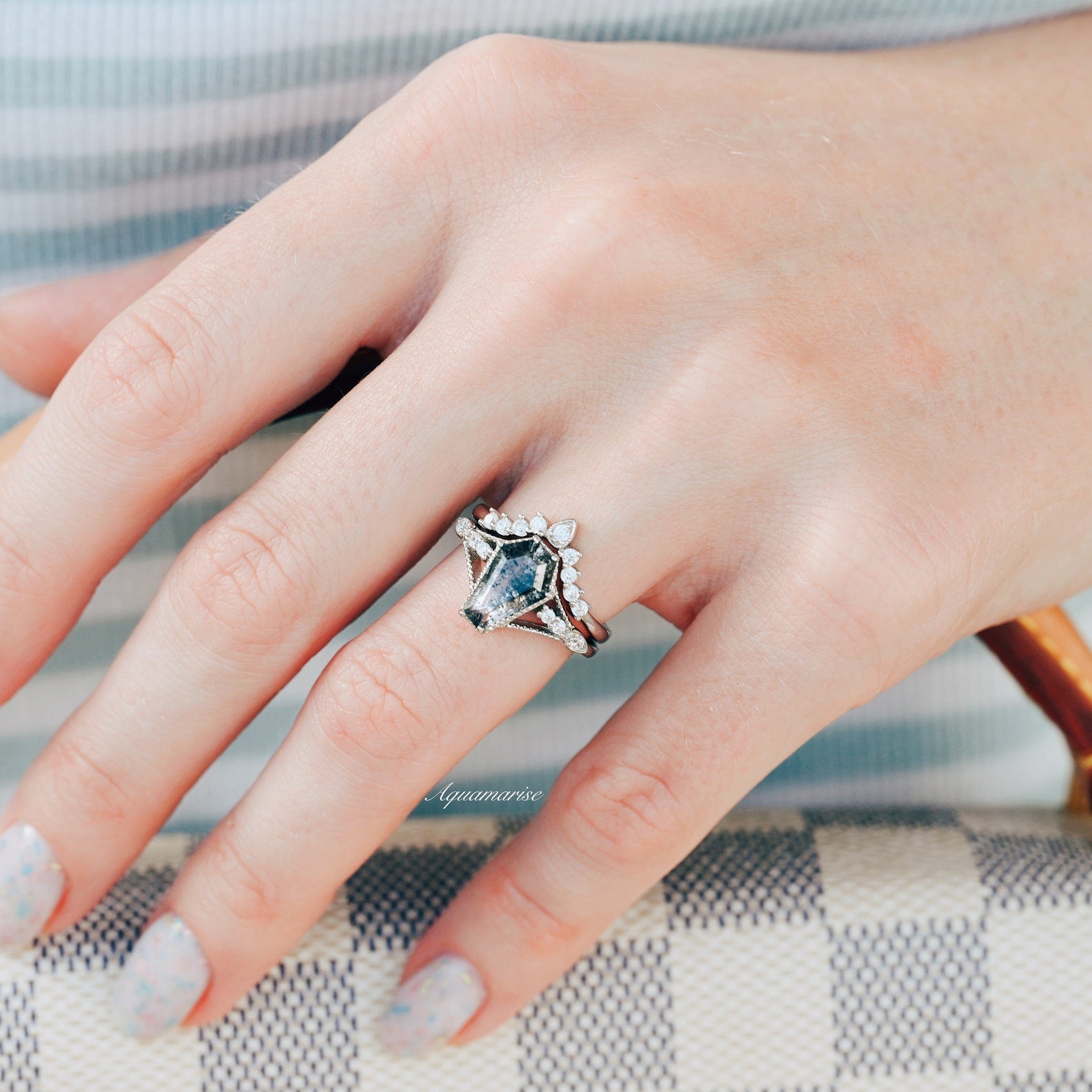 14K White Gold Coffin Cut Salt and Pepper Diamond Ring Set - Herkimer Diamond Engagement & Wedding Band - Perfect for Unique Bridal Jewelry & Anniversary Gifts