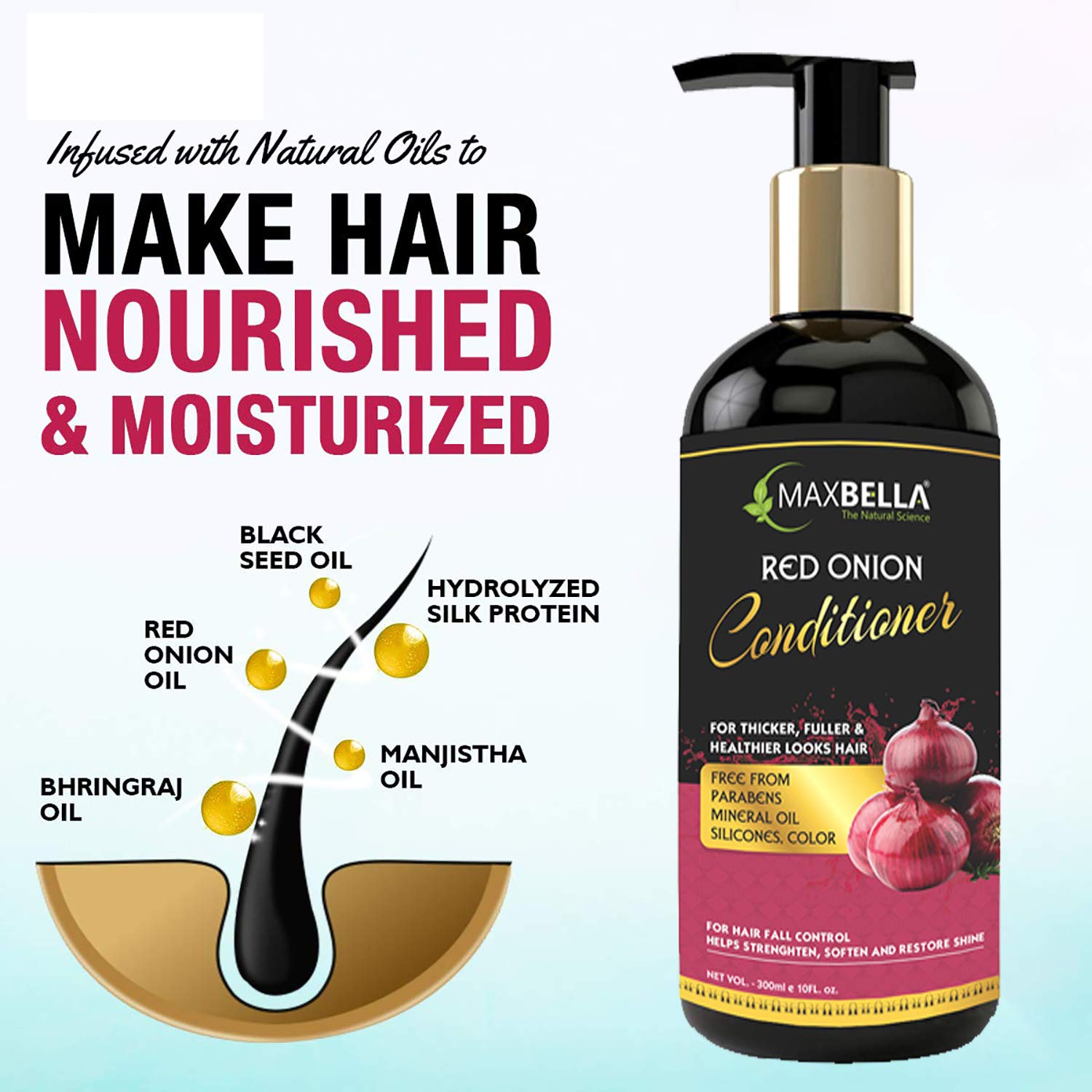 MAXBELLA® Onion Hair Conditioner for Hair Growth & Fall Control - Sulfate, Paraben, Mineral Oil & Silicone Free - 300ml Hair Care for Men & Women - Perfect for Damaged, Dry & Frizzy Hair at Home or Salon Use