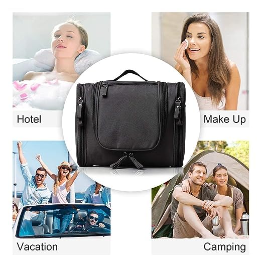 SHREE BALAJI PUMPS Waterproof Toiletry Bag for Women - Travel Makeup Pouch, Shower Wash Bag & Cosmetic Organizer with Hook (Black, 23 x 11 x 21 cm) - Perfect for Travel, Gym & Daily Use