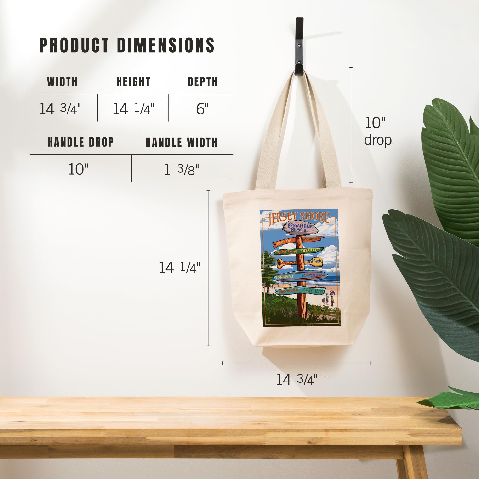 Lantern Press Brigantine Beach New Jersey Signpost Tote Bag - 100% Cotton Canvas Reusable Shopping Bag for Beach, Grocery & Everyday Use